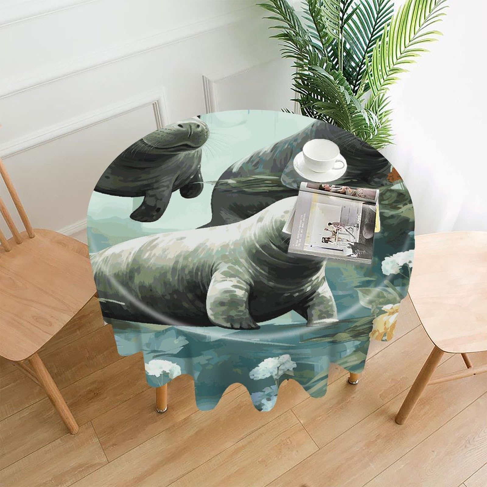 FekiLoot Round Rabbits Manatees Tablecloth Decorative Fabric Table Cloth Wrinkle Free Circle Dining Tablecover Washable Polyester Table Cover for Holiday Dinner Party Decor 60"