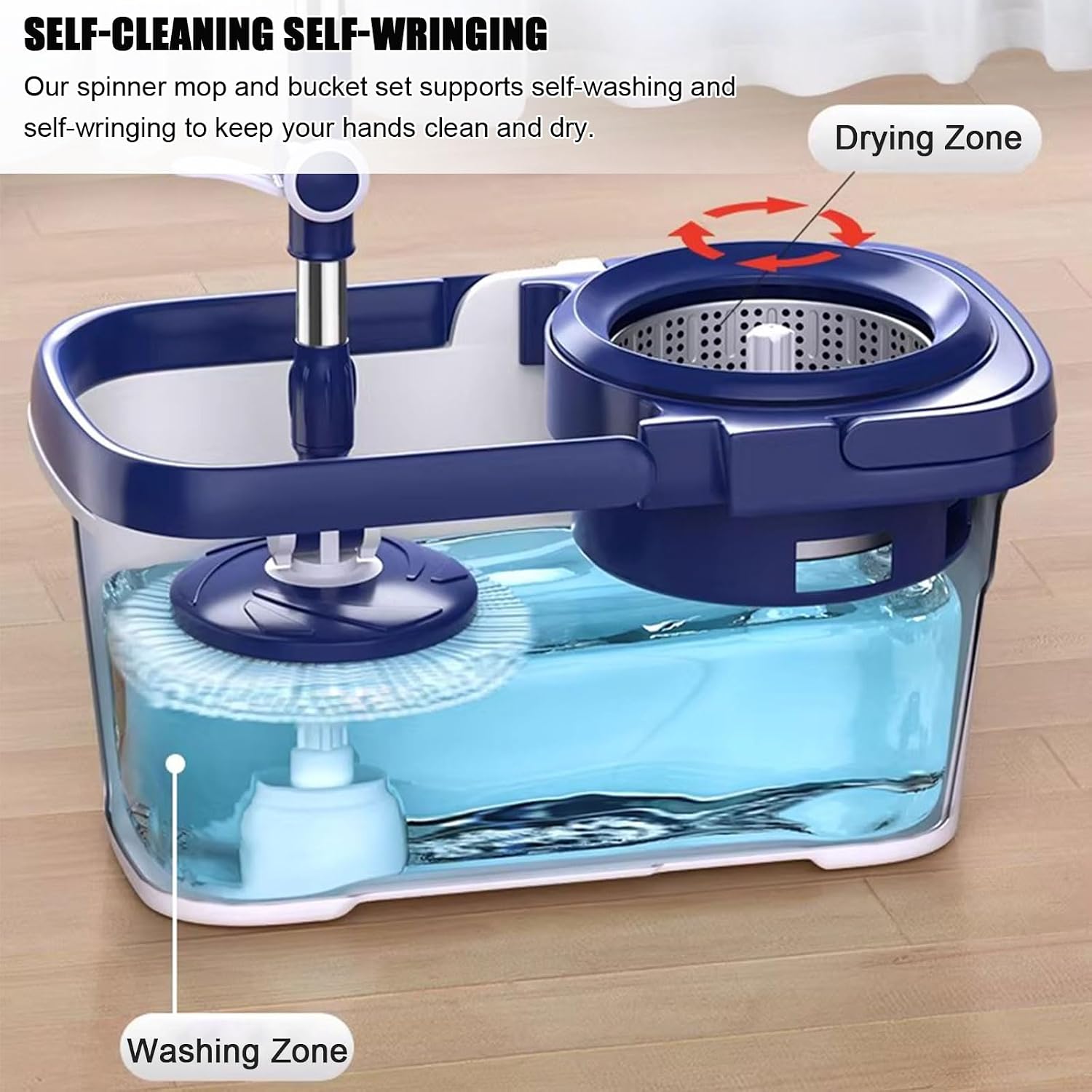 Spin Mop Bucket with Wringer Set for Home - Mop Bucket System for Floor Cleaning - Detachable Splash Guard Spin Basket - Extendable Telescopic Handle - Extra 5PC Mop Heads,Blue