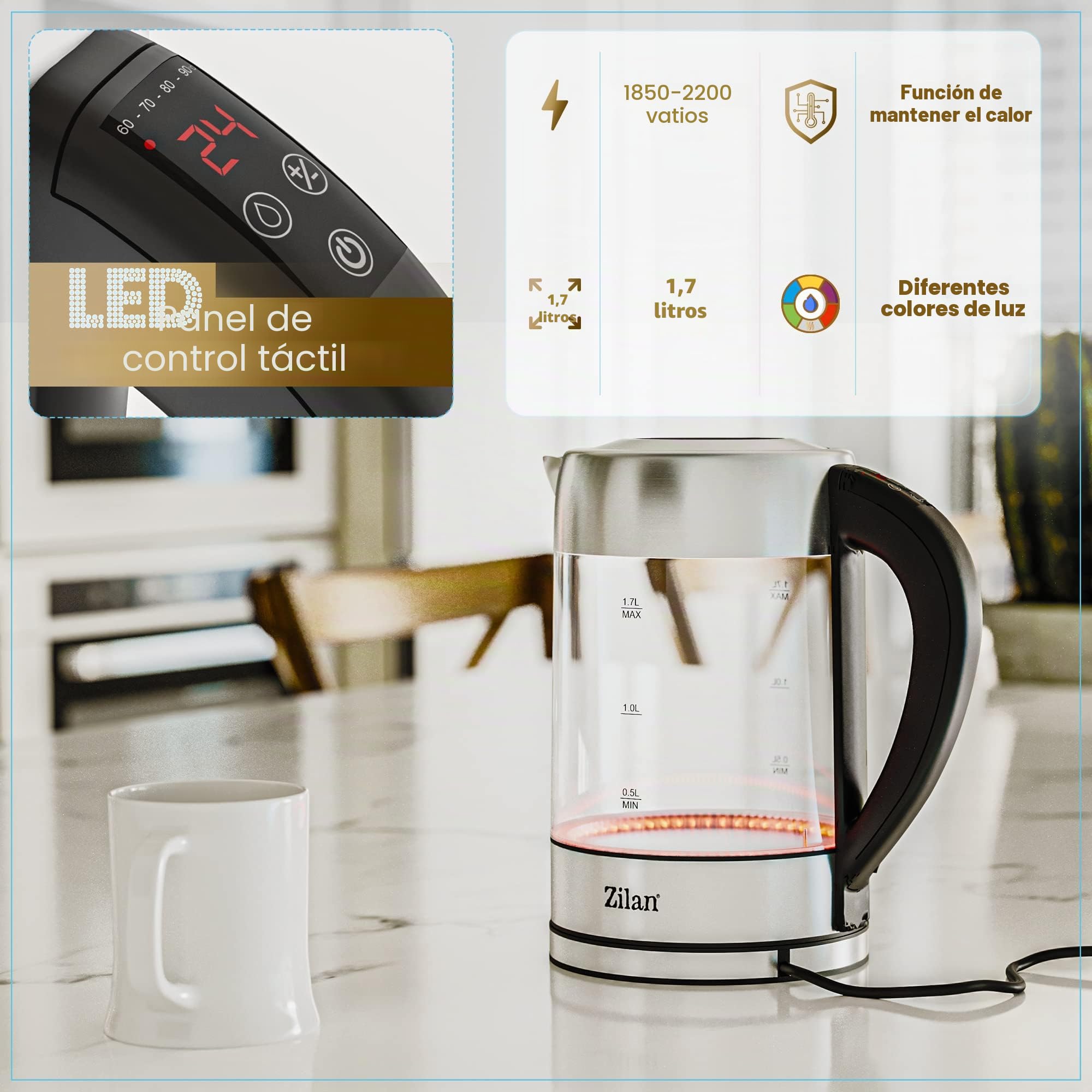 Zilan - Hervidor de agua de cristal LED, pantalla digital, 1,7 l, 5 ajustes diferentes, hervidor inalámbrico con cuerpo de vidrio de borosilicato de 360°, 2200 W