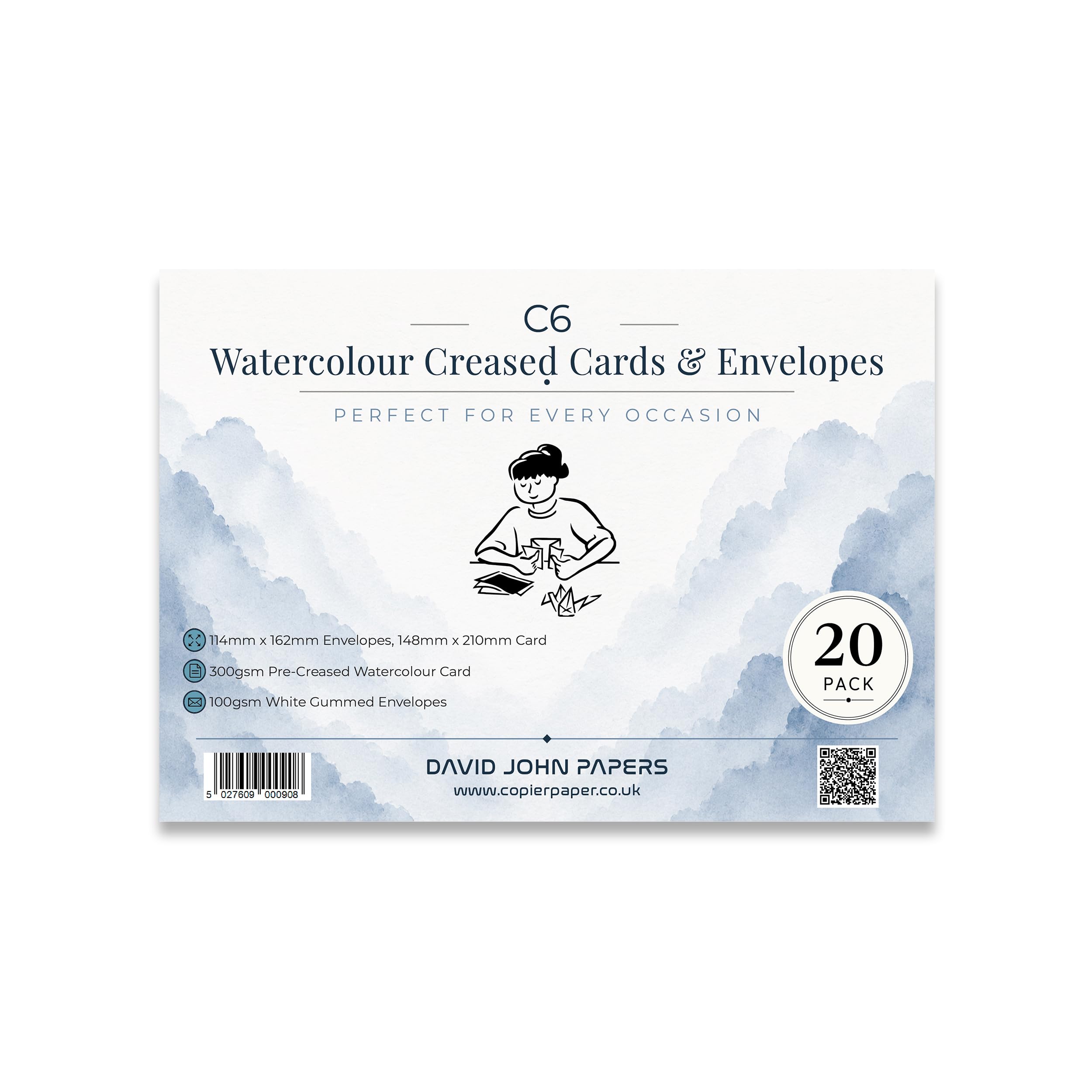 DJP Watercolour Creased Blank Greeting Cards & White Envelopes - Pack of 20 (C6)