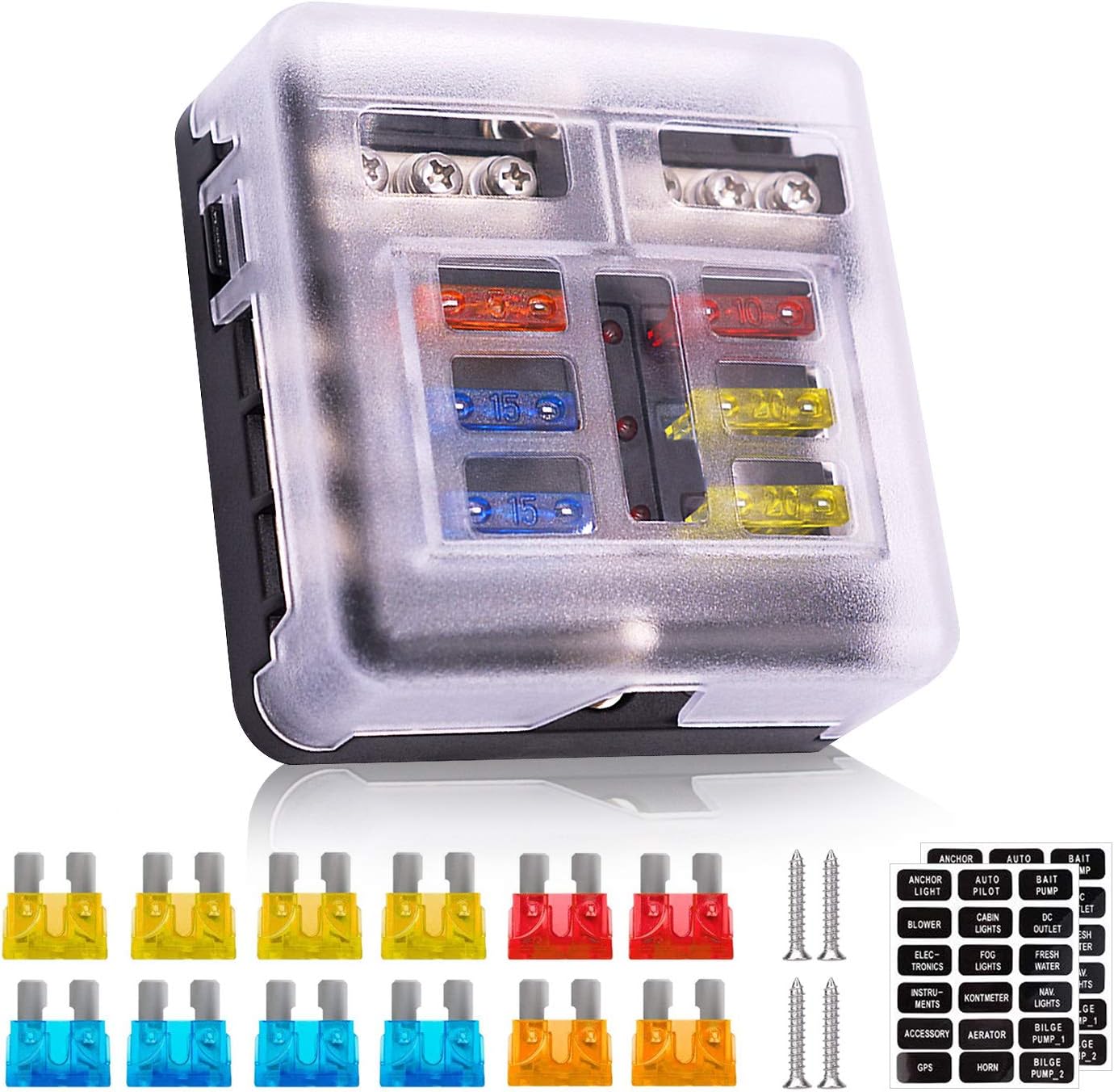 12V Fuse Box 6 Way 12 Volt Fuse Block ATO/ATC with LED Indicator Light Waterproof 24V for Marine Automotive Boat Car Truck