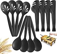 RayPard Reusable Wheat Straw Serving Utensils Set of 12 - 10" Spoons, Slotted Spoons & Locking Tongs for Parties, Buffets, Catering (Black)