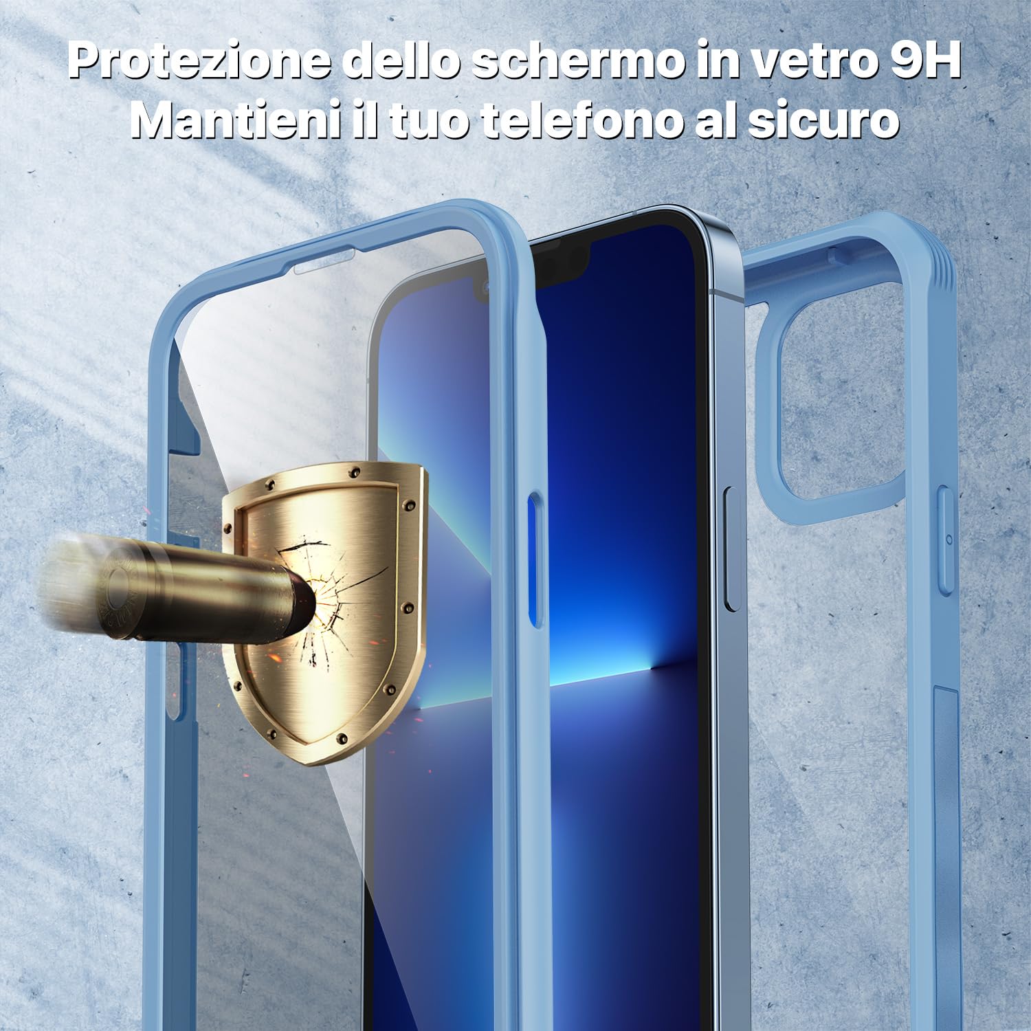 CENHUFO Privacy Cover iPhone 13 Pro, con Protezione Schermo Vetro Temperato Anti Spia e Pellicola Fotocamera [9H HD] 360 Gradi Antiurto Rugged Fronte Retro Doppia Custodia per iPhone 13 Pro - Blu