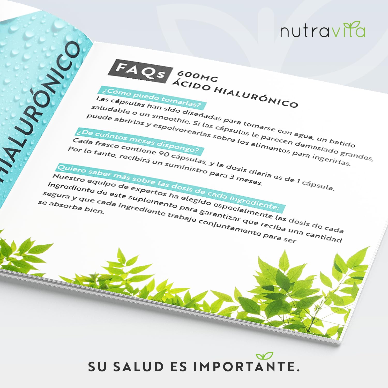 Nutravita Cápsulas de ácido hialurónico - Suministro de 3 meses de cápsulas de ácido hialurónico de 600 mg - Dosis alta con 500-700 KDA - Sin OGM sin rellenos ni aglutinantes sintéticos