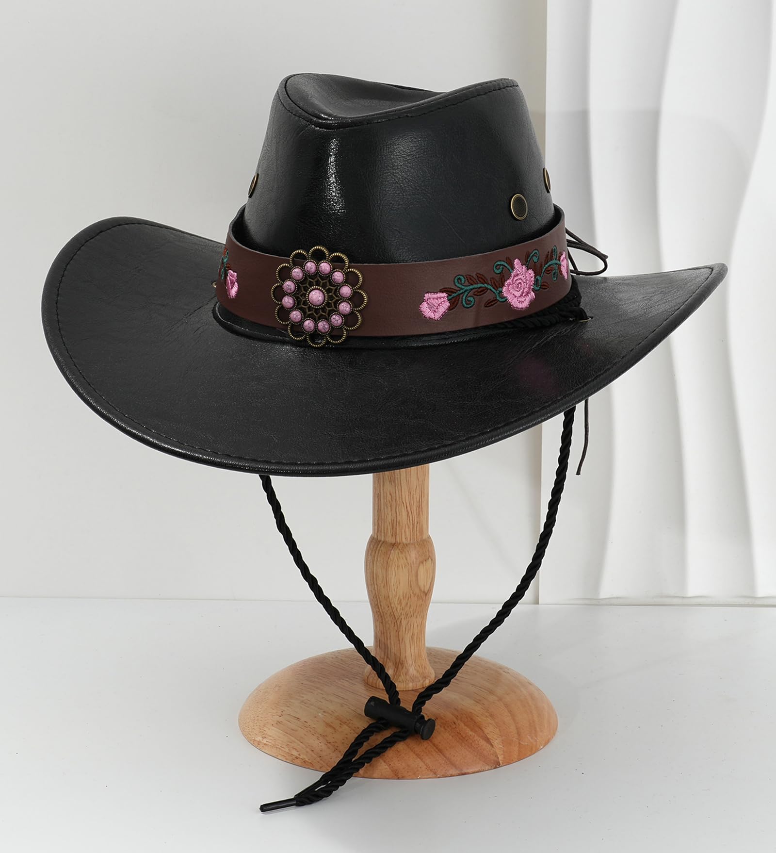 Cappello da Cowboy In Pelle Pu Per Donna-Uomo A Tesa Larga Classico Vintage Cappello Western Cappello da Cowgirl con Cintura Ricamata