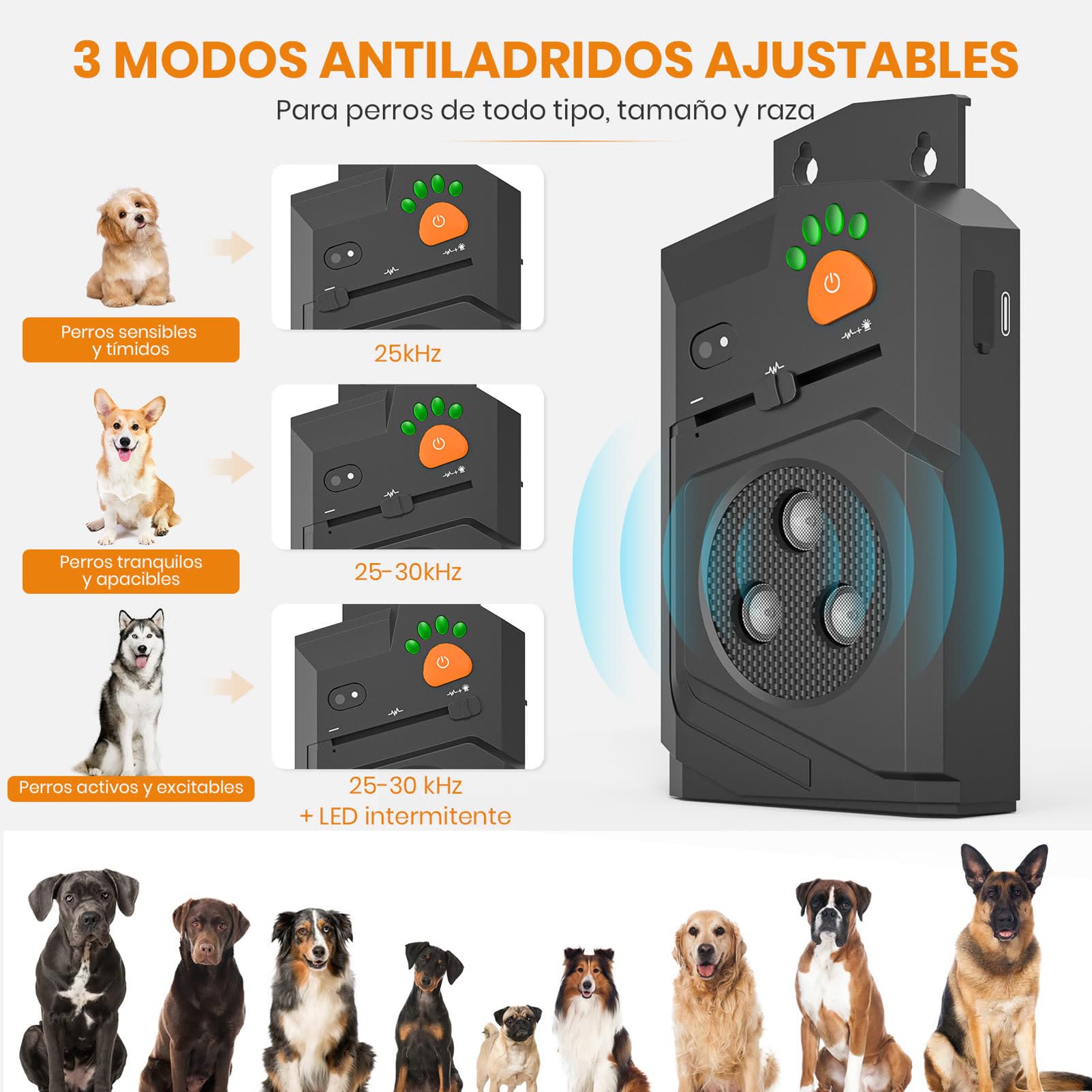 Antibellen für Hunde, Ultraschall, wiederaufladbar, 3 Modi und IP56