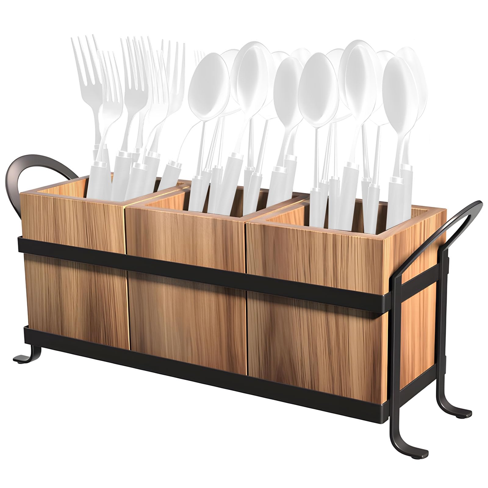 Kaeltsyn Natural Wood Cooking Tool Holder Compact Size Fits on Countertop Stores Items Neatly in 3 Sections Stalk Cooking Tool Holder