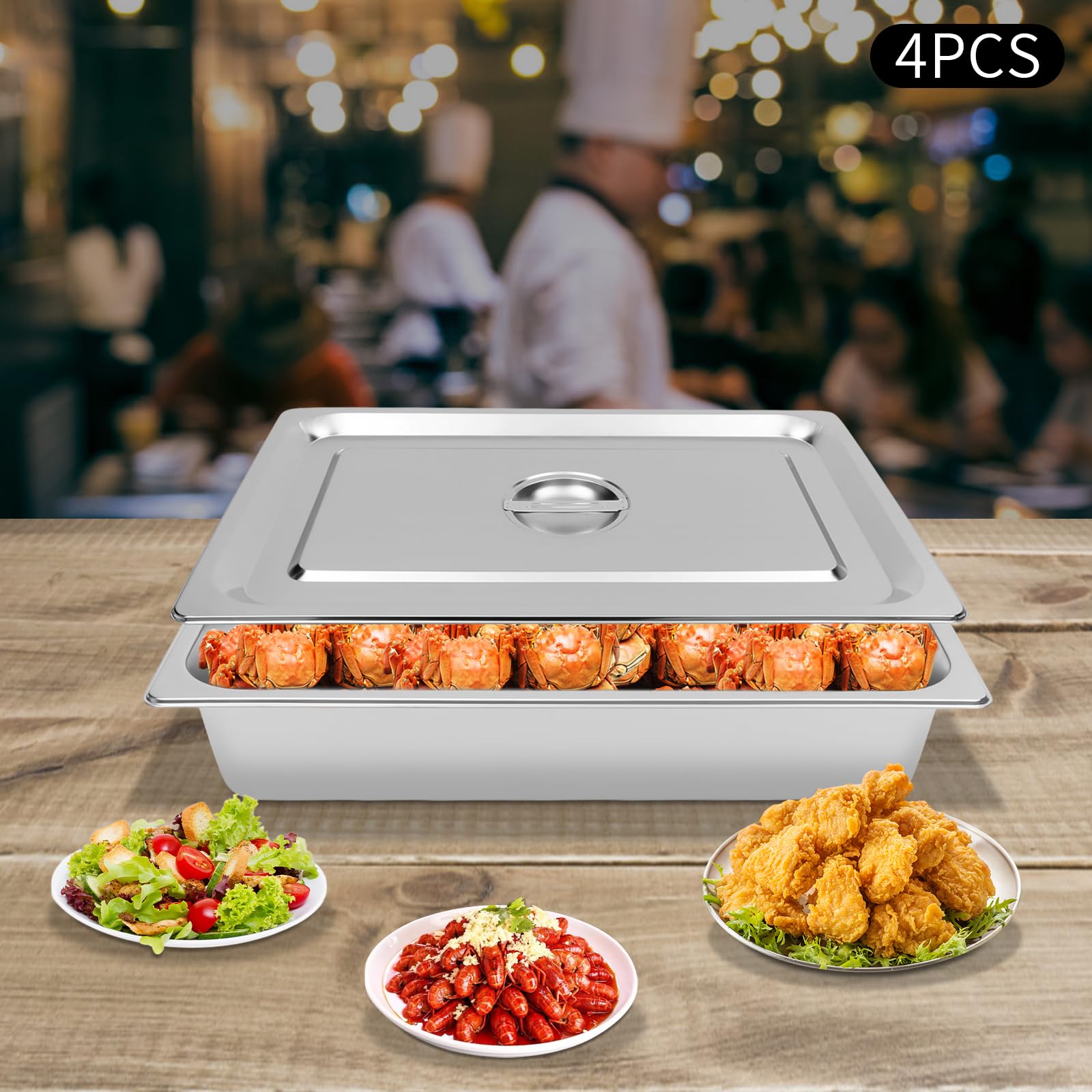 4 bandejas de buffet para calentar alimentos, catering cafeteria, recipientes térmicos de acero inoxidable con tapa para catering, bufés y fiestas