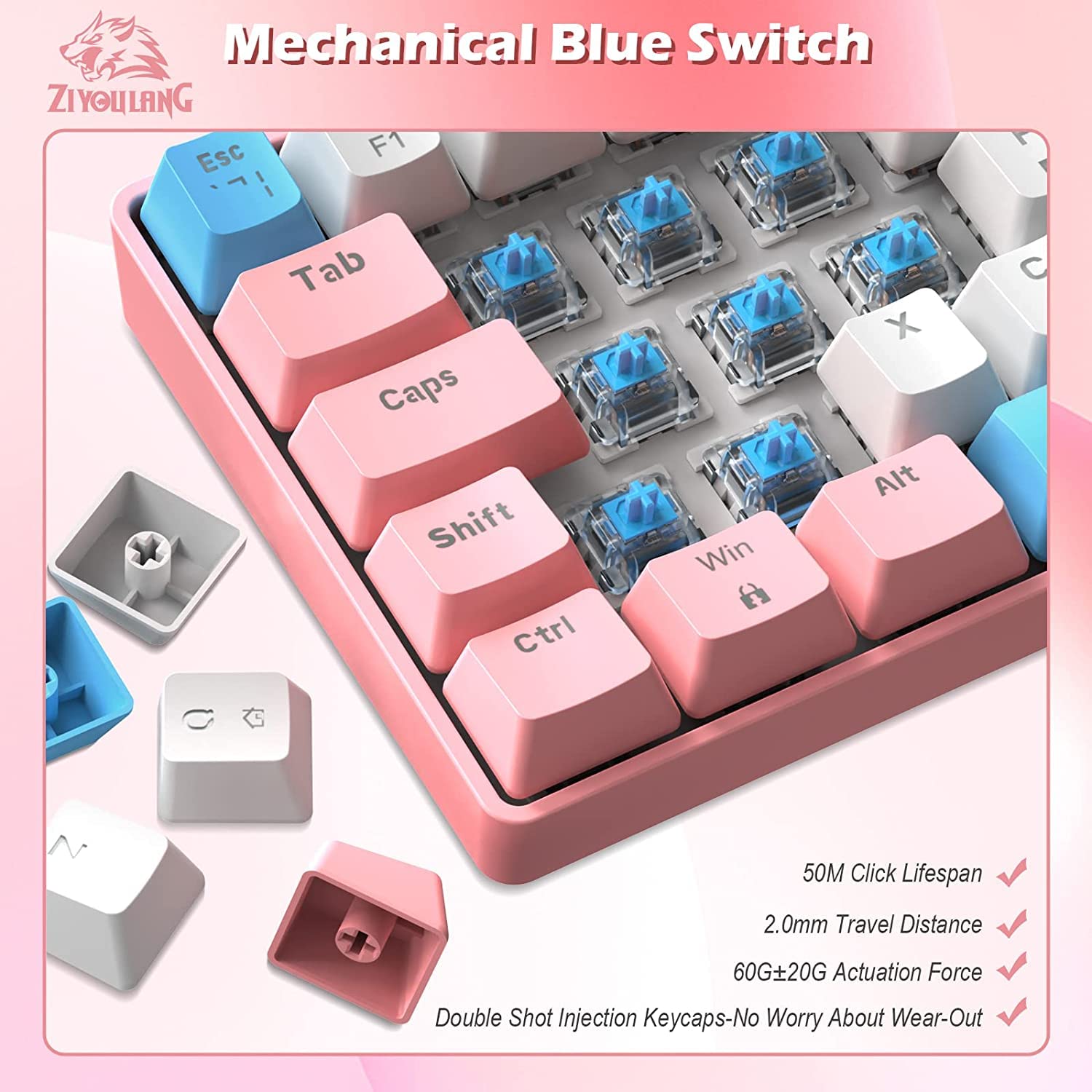ZIYOU LANG Przewodowa kombinacja klawiatury i myszy do gier + spiralny kabel USB C T60 Pro-Compact 60% układ brytyjski podświetlana klawiatura mechaniczna klikalny niebieski przełącznik-6400 dpi