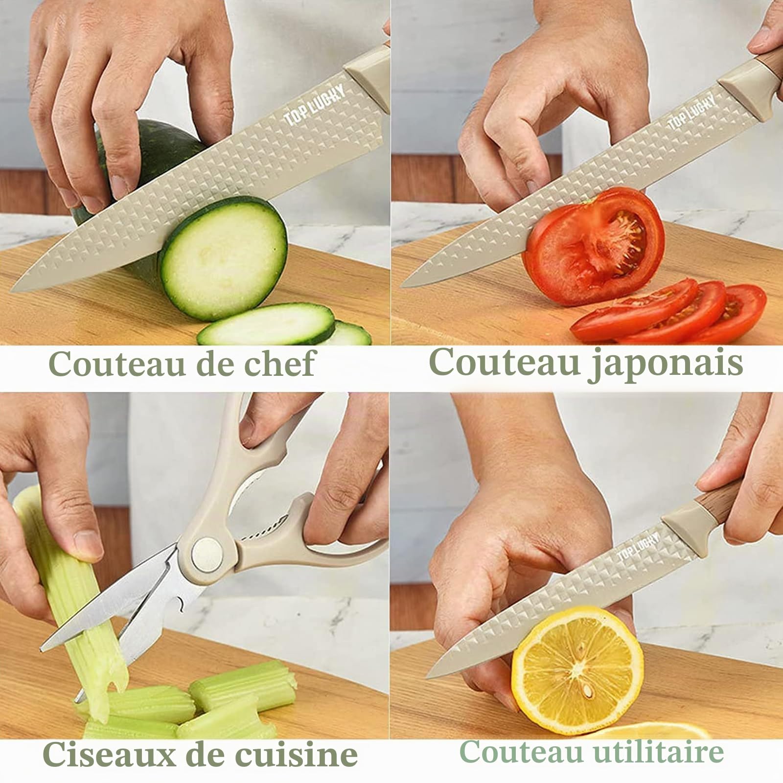 JUSTUP Ensemble de couteaux 6 pièces - Bloc de couteaux de cuisine en acier inoxydable anti-adhésif de couleur kaki - Ensemble de couteaux de chef universel adapté pour la maison, le restaurant et le