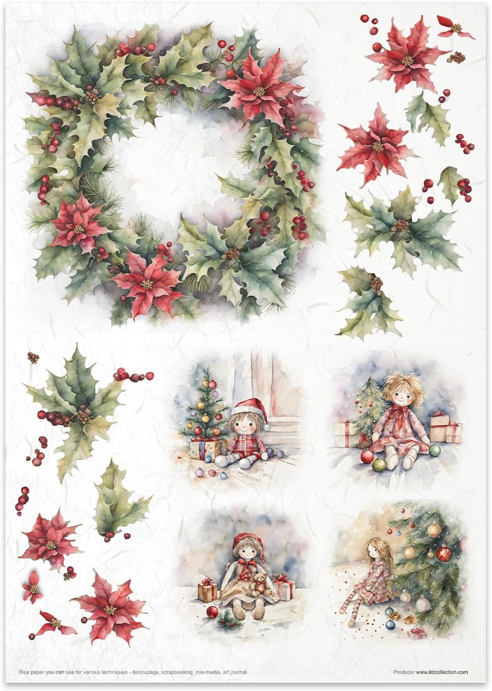 ITD Collection RP-073 Decopatch Rice Paper for Decoupage Technique A4 29.7 x 21 cm Winter Wreath
