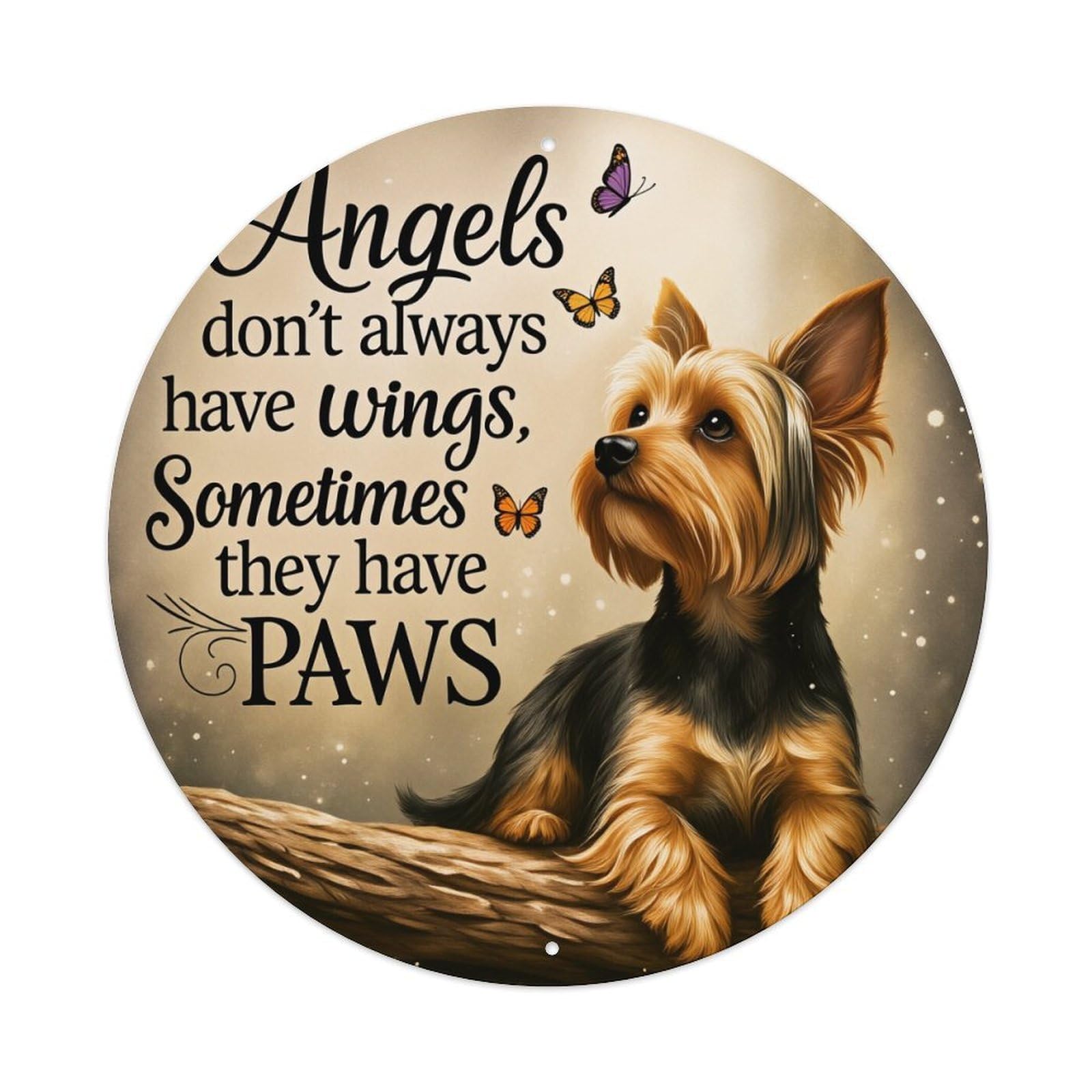 Angels Don't Always Have Wings Sometimes They Have Paws Yorkshire Terrier Dog Butterflies Floating Around Golden Background Sparkles Movie Poster,Vintage Metal Tin Sign,Retro Wall Decor for Ho