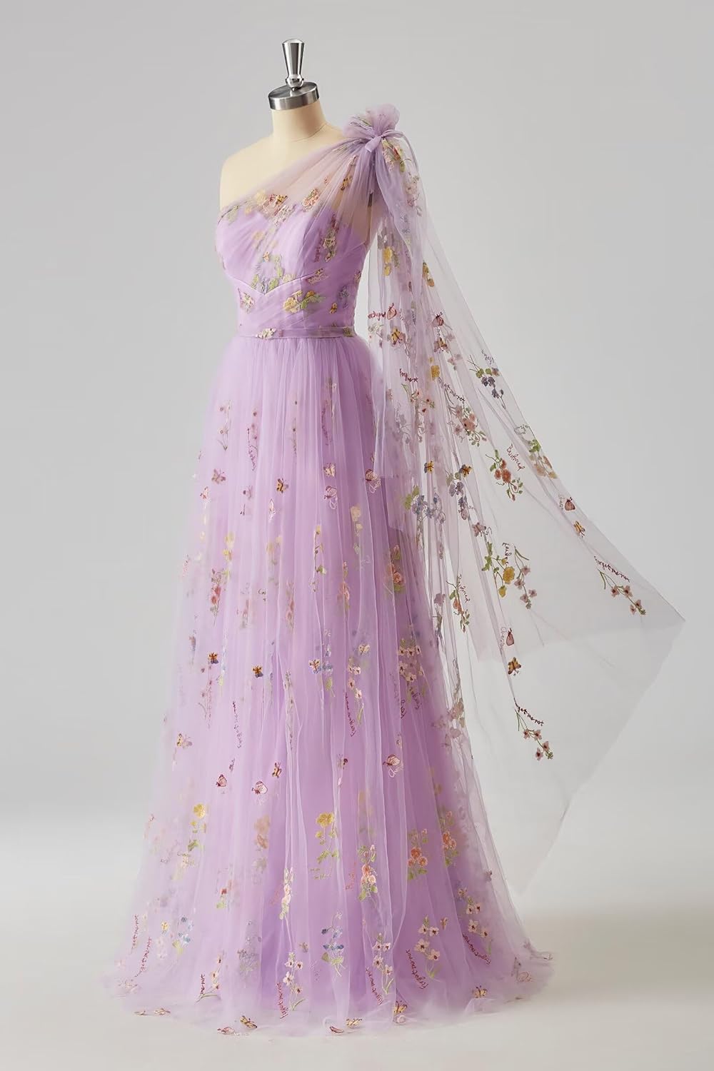 Cudiew Flower Embroidery Tulle Prom Dress for Women One Shoulder Formal Floral Party Gowns Floor Length