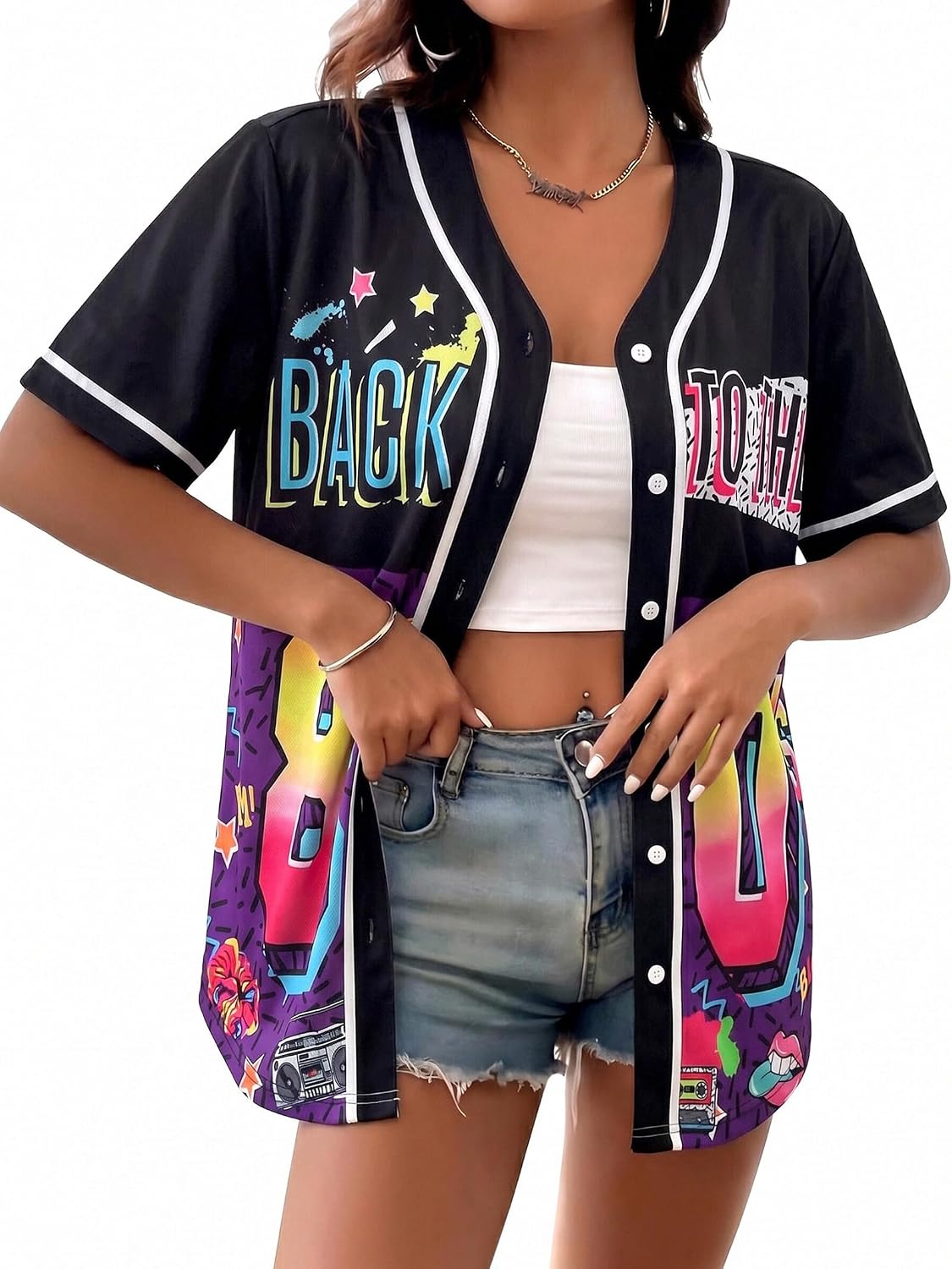 80s 90s Baseball Jersey for Women Hip Hop Custom Outfit for Party Back to The 80s 90s Retro Button Down Shirts