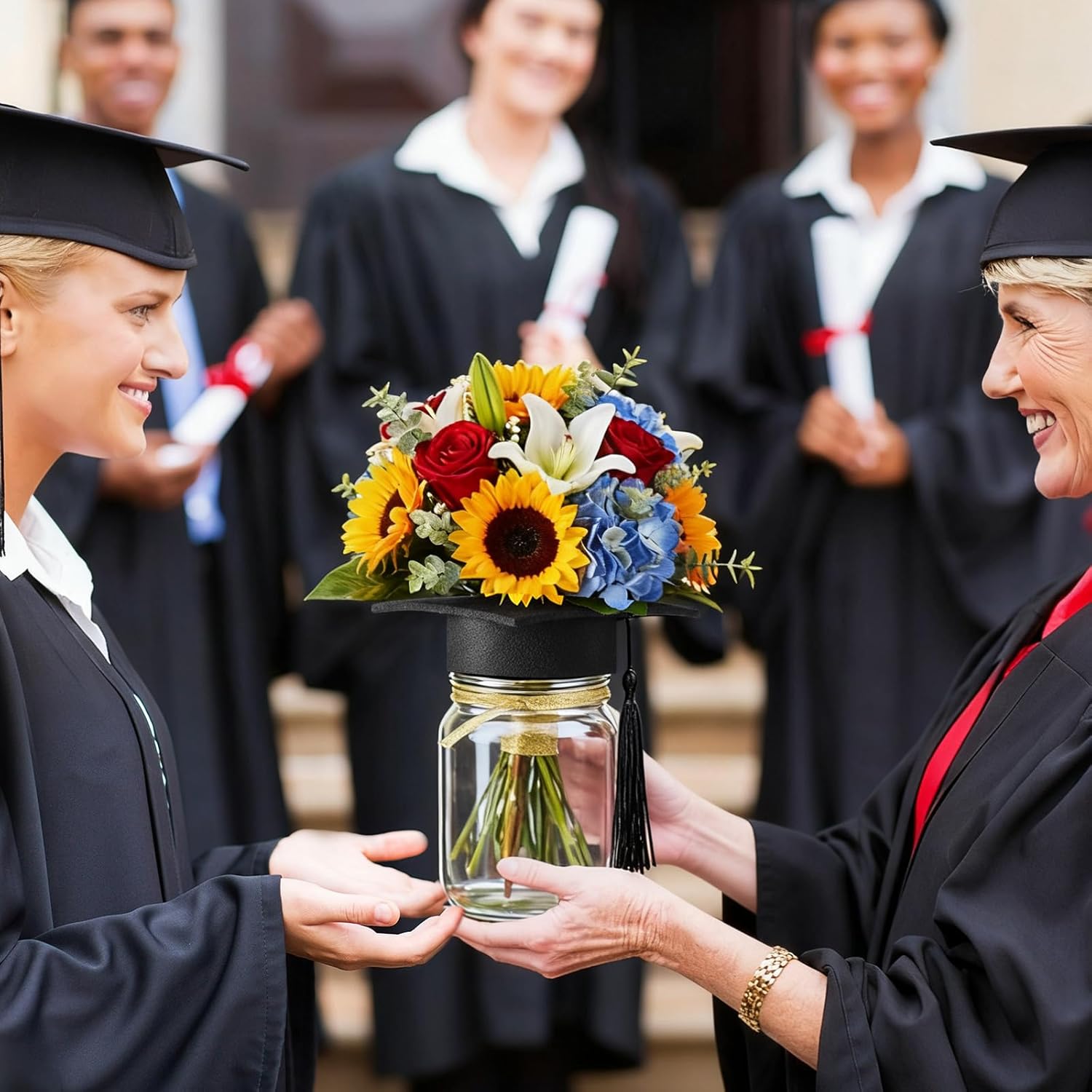 Qinyoung 12 Pcs 2026 Graduation Table Centerpiece Decoration Class of 2026 Graduation Decoration for Table Mason Jar with Grad Cap for Centerpiece Flower College High School Congrat Grad Party (Black)