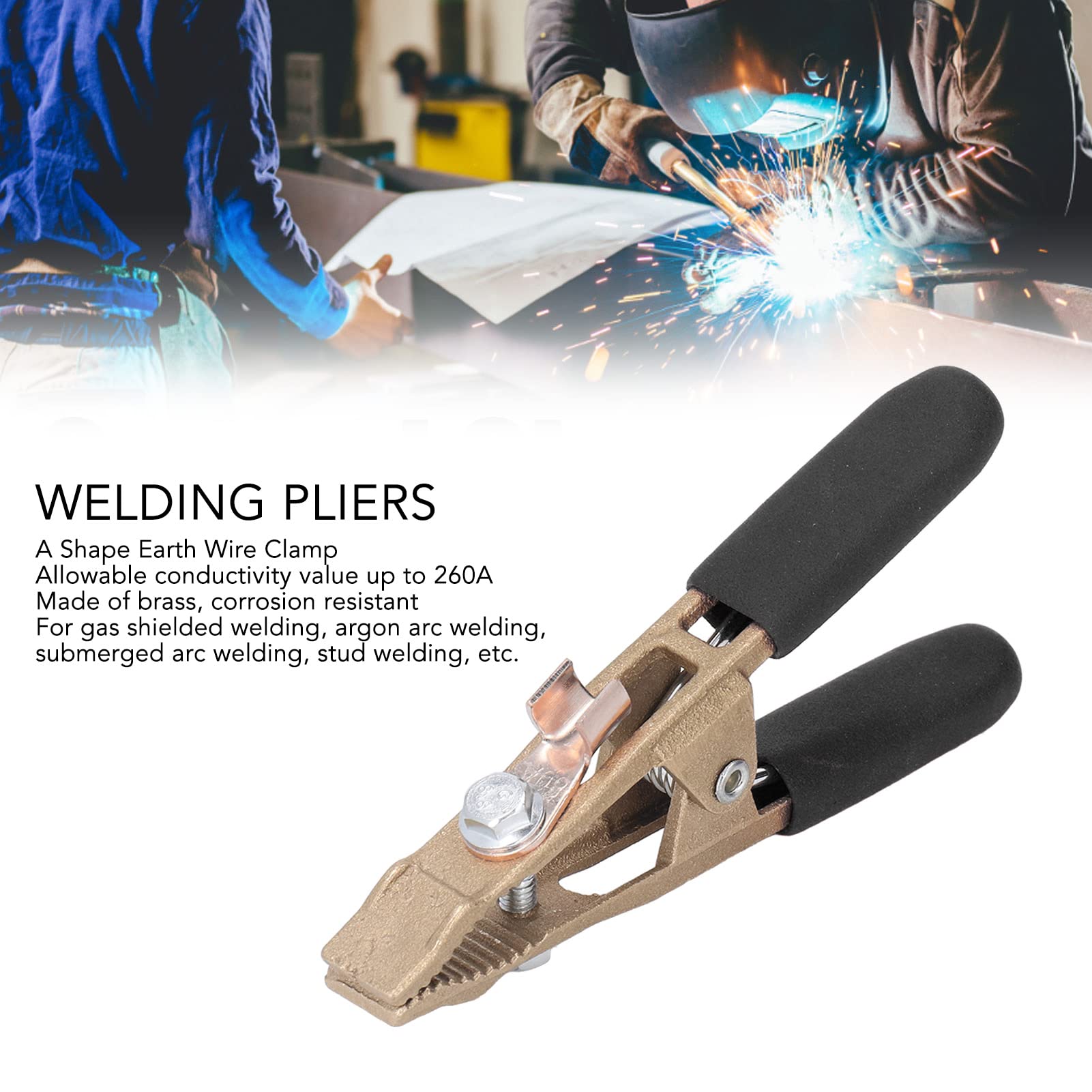 A Shape Ground Welding Earth Clamp Brass Grounding Work Clamp 260A Electric Argon Arc Welding Pliers Earth Wire Clamp (Black Cover)