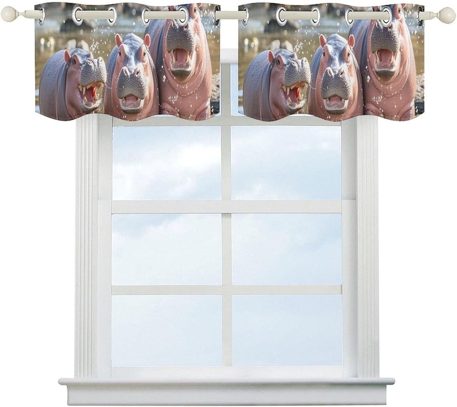 Baby Hippos Valance for Windows, 2 Pack Kitchen Curtains Modern Home Decor, Soft Blackout Window Curtains for Living Room & Bedroom, 18 X 52 Inch