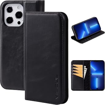 VISOUL Wallet Case for iPhone 13 Pro Max, Genuine Leather Magnetic Folio Flip Case with Card Slots Kickstand Shockproof Cover Designed for iPhone 13 Pro Max 6.7-inch Black