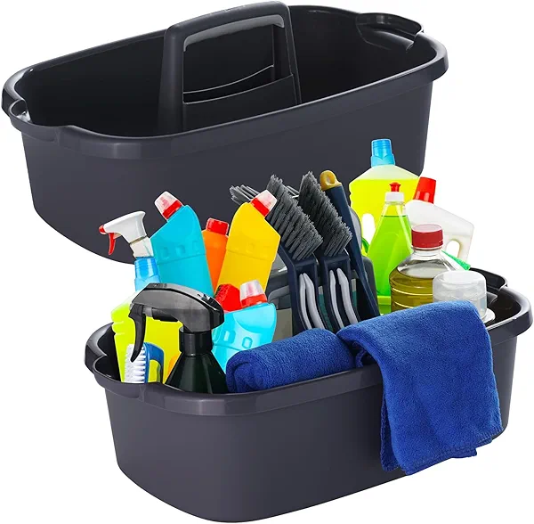 Omirome 2-Pack Large Gray Cleaning Caddy for Cleaning Supplies with Handle - Portable Plastic Tote Organizer for Shower, Bathroom, Kitchen, Under Sink Storage