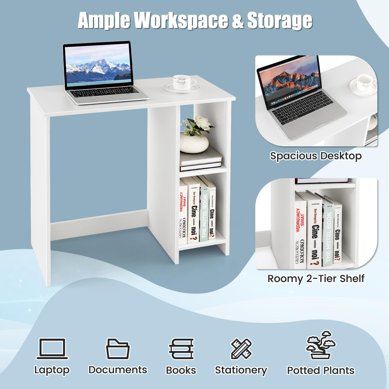 GIANTEX Scrivania da Ufficio, Scrivania con Libreria da Ufficio, Scrittoio con 2 Ripiani, Tavolo in Stile Moderno, per Ufficio, Soggiorno, Camera da Letto, Studio (Bianco)