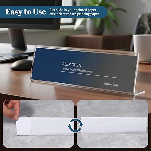 Miniatura 4 de SHENLIU Paquete de 12 placas de identificación acrílicas para escritorios, 2 x 8 pulgadas, transparente, horizontal, inclinado, soporte de placa