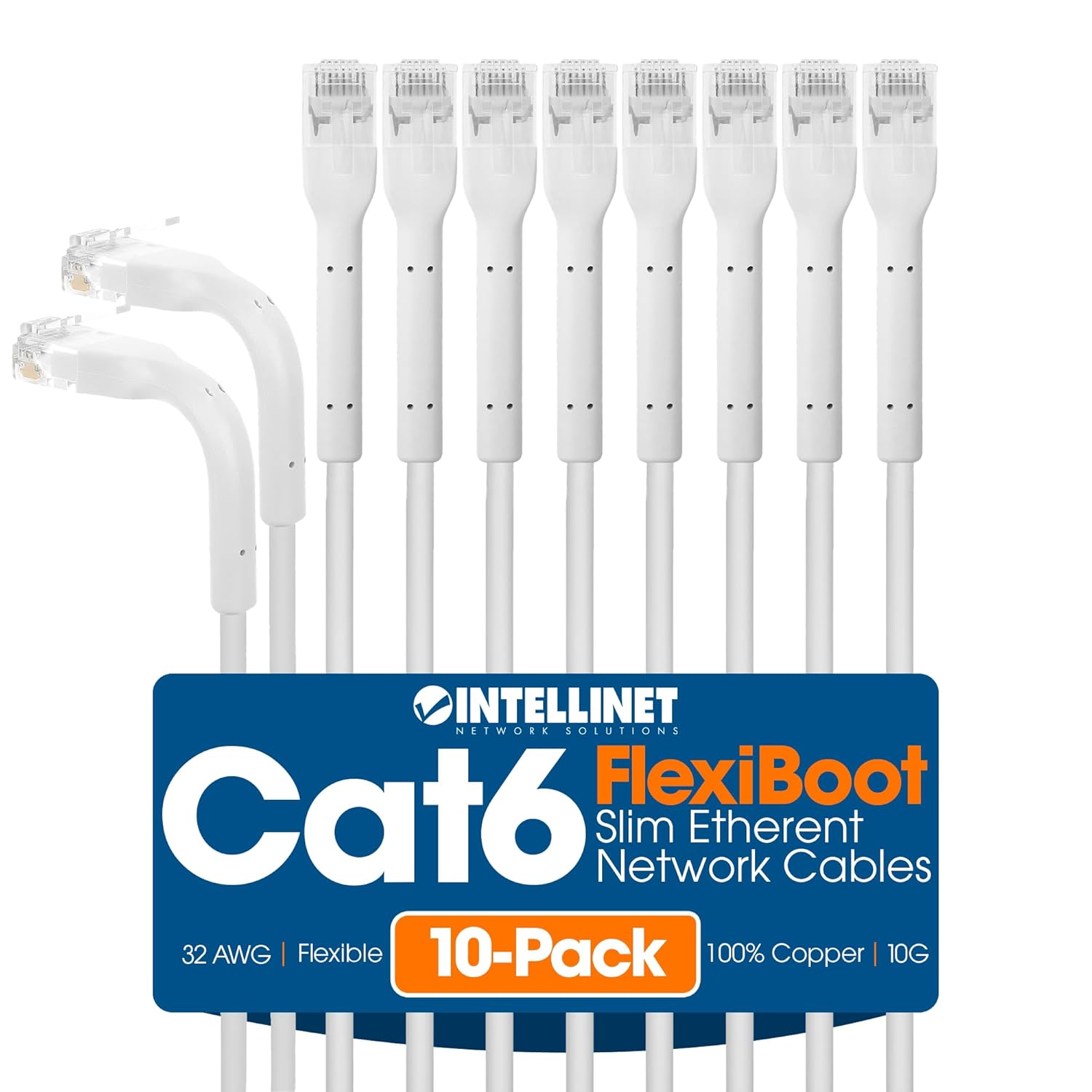 Intellinet FlexiBoot Slim Cat6 Ethernet Network Patch Cable – 10-Pack - 10Gbps & 250MHz, Flexible Bendable Boot, 32AWG Pure Bare Copper Wire, Gold-Plated Contacts - 10ft, White