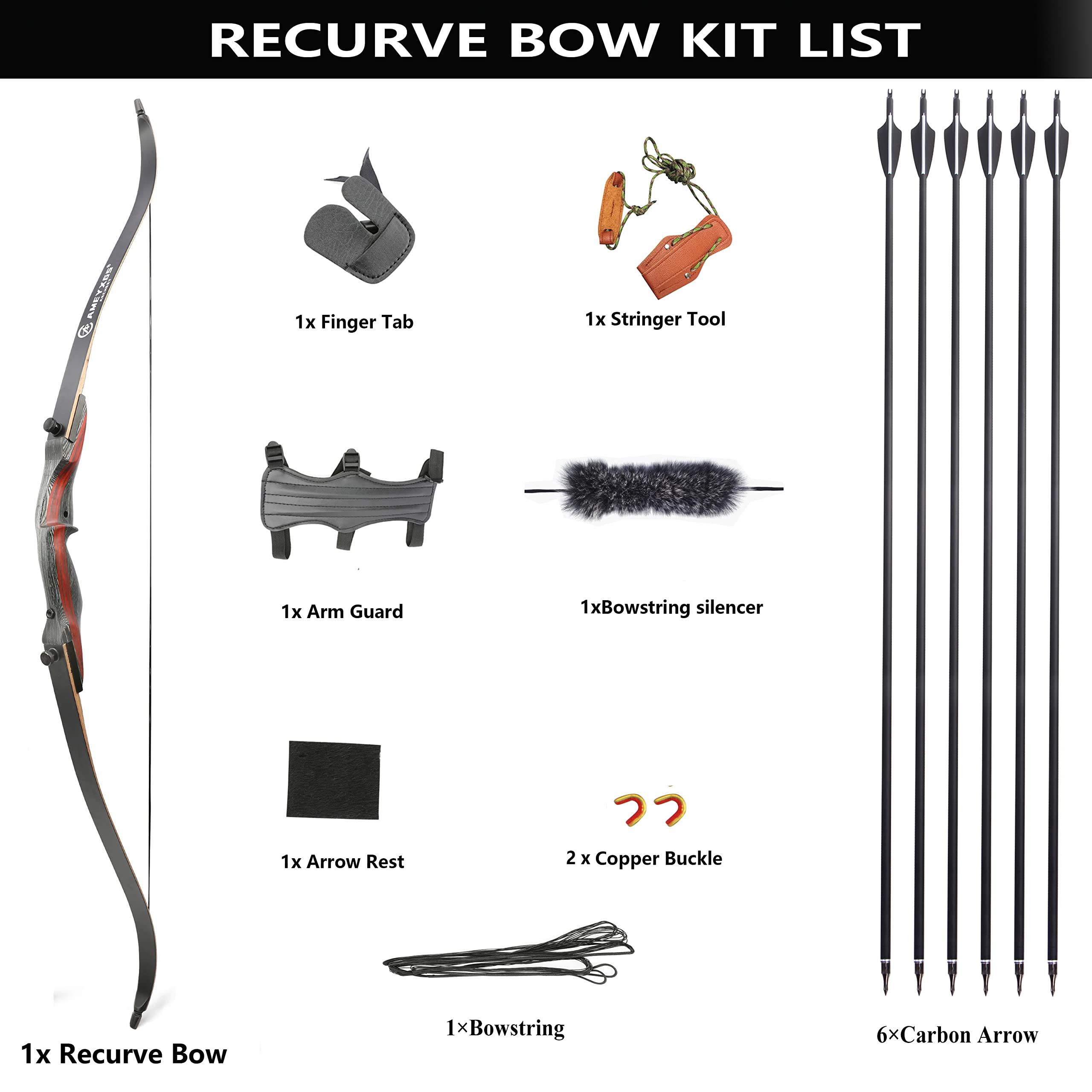 AMEYXGS Takedown Arc recurve et Ensemble de flèches 62 Pouces tir à l'arc Arc de Chasse pour Adolescents et Adultes 20-35lbs Arc Traditionnel en Bois Arc Long avec flèches en Carbone (25bls)