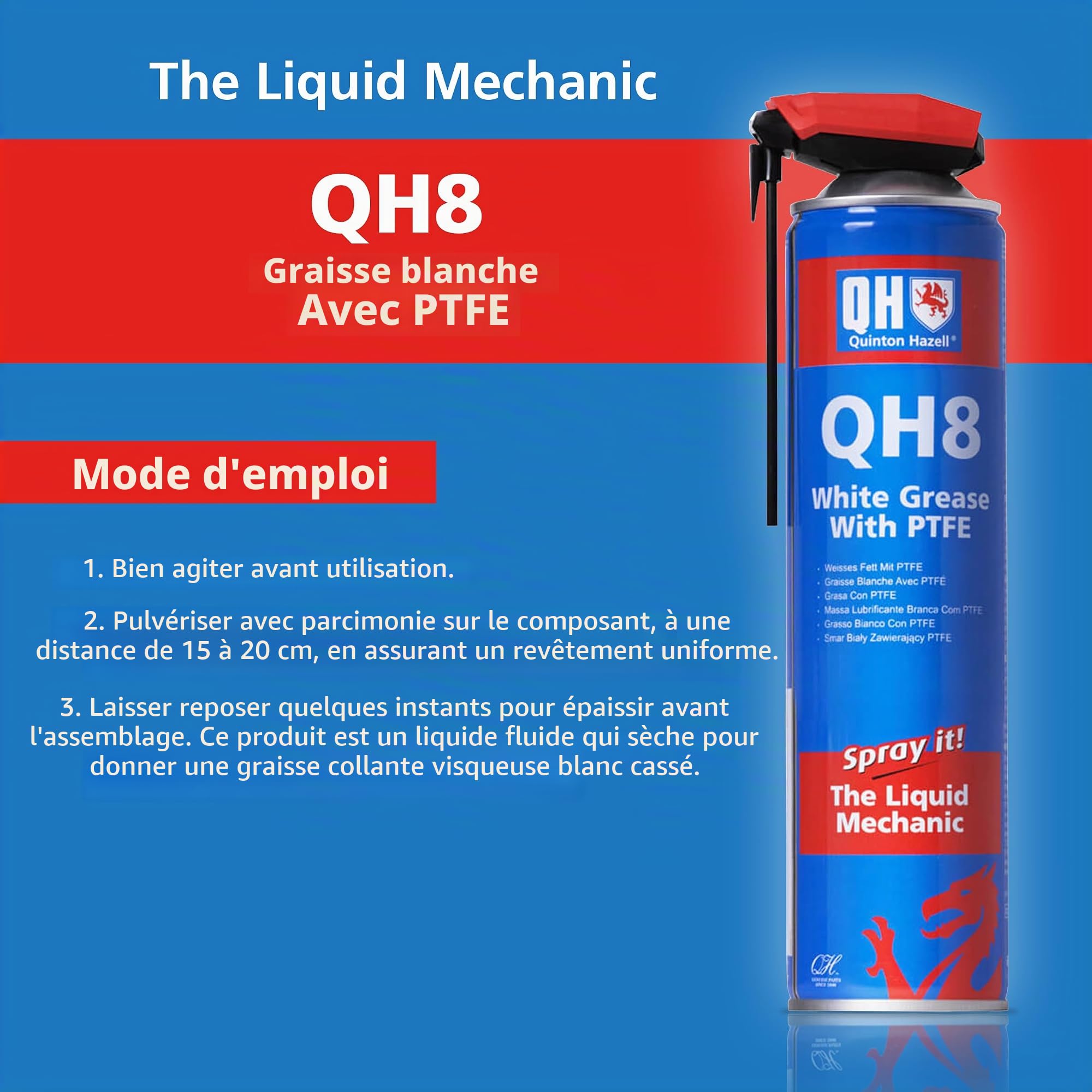 Quinton Hazell QH8 Graisse Blanche PTFE 600 ML – Résiste à l’Eau, -20°C à 110°C, Anti-Corrosion
