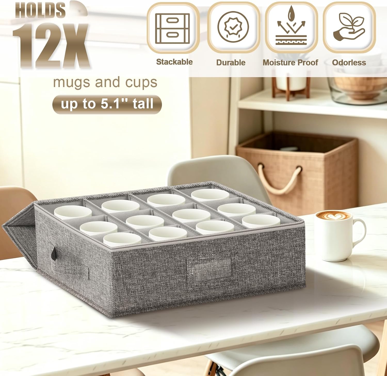 Coffee Mug Storage Box w/ Dividers, 2-Pack Stackable China Storage Containers w/ Hard Shell Top Sides Bottom, Coffee Mug Organizer w/ Lid, Handles & Lable Moving Supplies, Hold 24 Coffee Mugs,Tea Cups