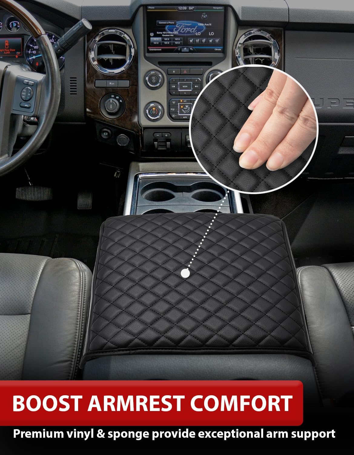 KBH Center Console Cover for Ford F250 F350 F450 F550 2011 2012 2013 2014 2015 2016, Vinyl Leather, Armrest Cushion Pad Protector, Anti-Scratch, Black (Fits Bucket Seat Console Only)
