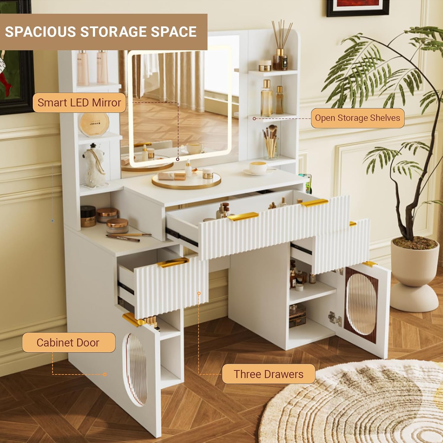 Mojztezy White Vanity, 3 LED Light Modes, 6 Shelves, 3 Drawers, 2 Adjustable Shelves Cabinets, with Mirror & Power Outlets Hair Tool Holder, Dormitory Apartment Bedroom Dressing Table