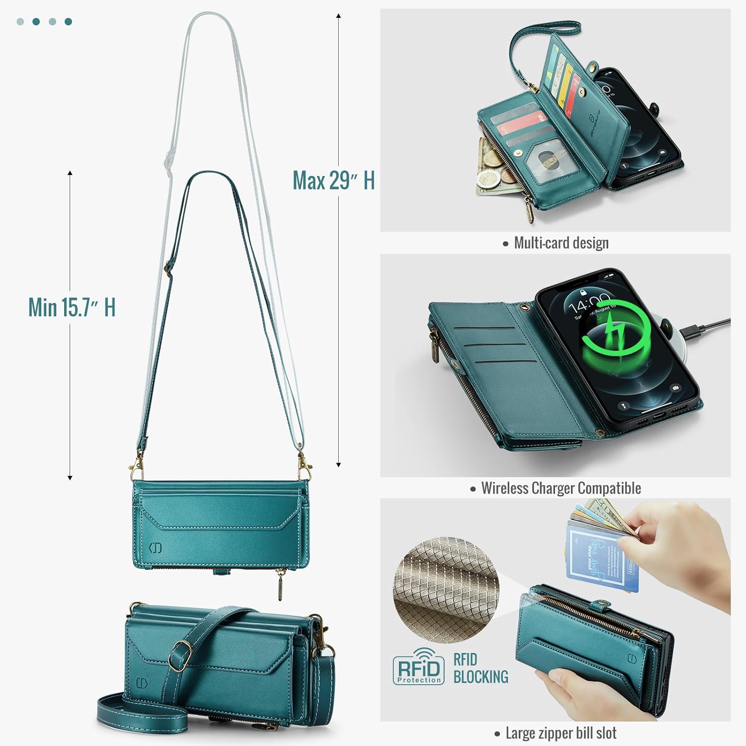 Strapurs Wallet Case Compatible with iPhone 12 Pro Max RFID Blocking 10-Card Holder Soft PU Leather Magnetic Snap Shoulder Strap Zipper Pocket Phone Case Fit for iPhone 12 Pro Max - Blue Green