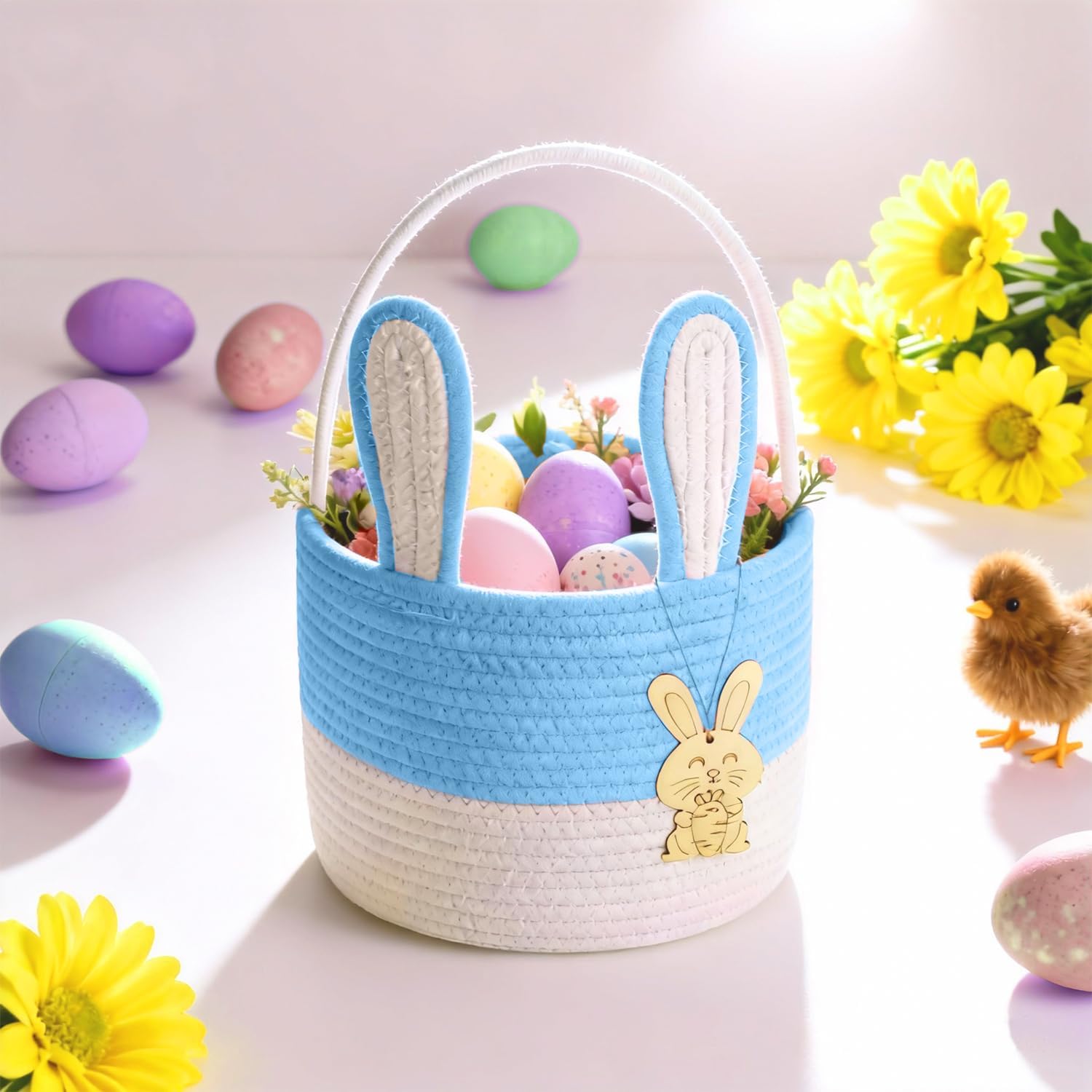Easter Basket for Kids, Easter Bunny Basket, Woven Cotton Rope Egg Easter Gift Baskets for Girls, Boys, Toddler, Babies, Pink/Blue