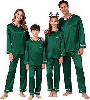 Family Matching Pajamas Set Silk Satin Crew Neck Down Holiday Matching Pajama Sets Long Sleeve Comfy Loungewear