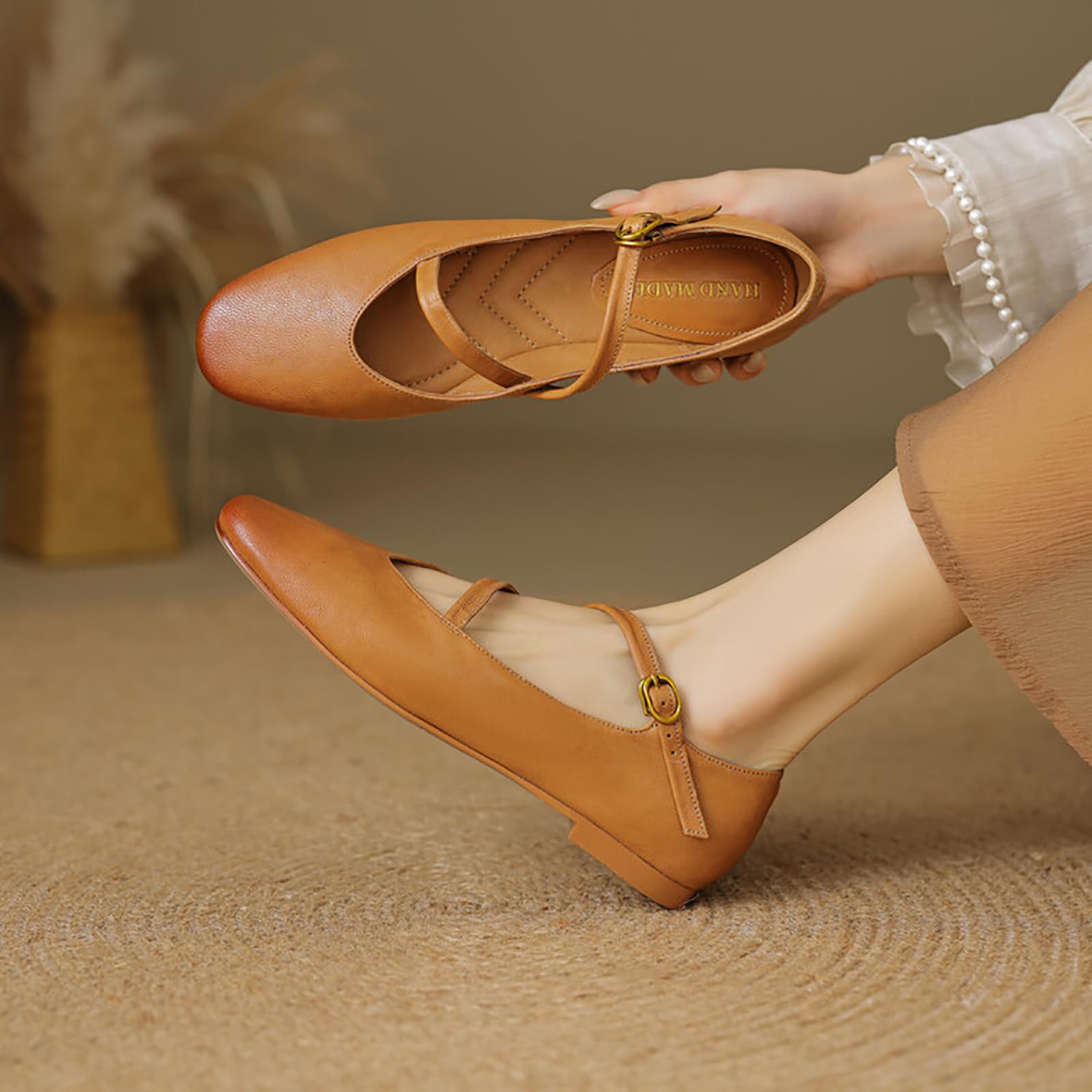 Scarpe Mary Jane da Donna con Punta Tonda, Comode Ballerine in Vera Pelle con Cinturini Regolabili con Fibbia, Eleganti E Casual, Slip-on
