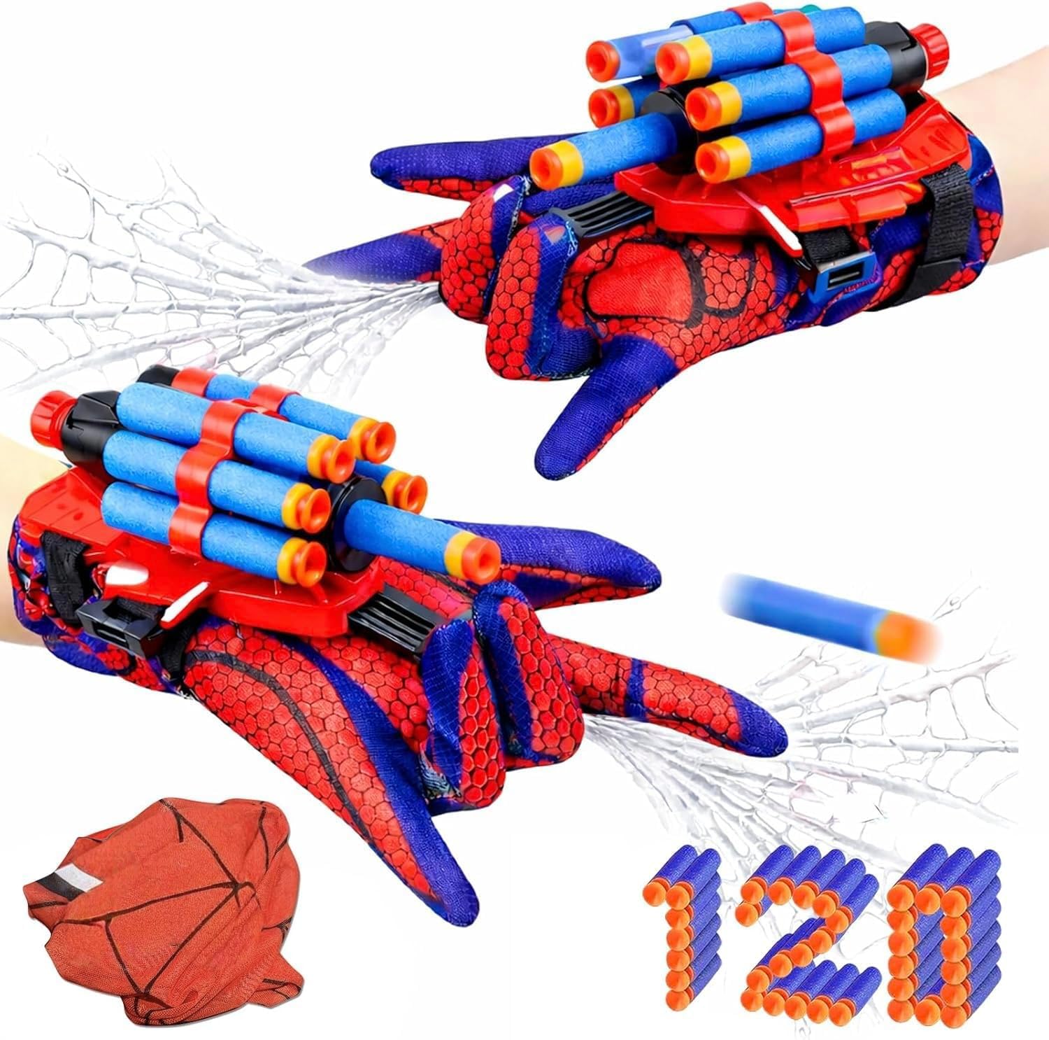 2-Pack Hero Spider Web Shooters Toys for Kids, Wrist Foam Dart Launcher Set with Mask, Gloves & 120 Soft Darts, Adjustable Strap, Indoor Outdoor Role-Play Game, Easter Basket Stuffers for Boys