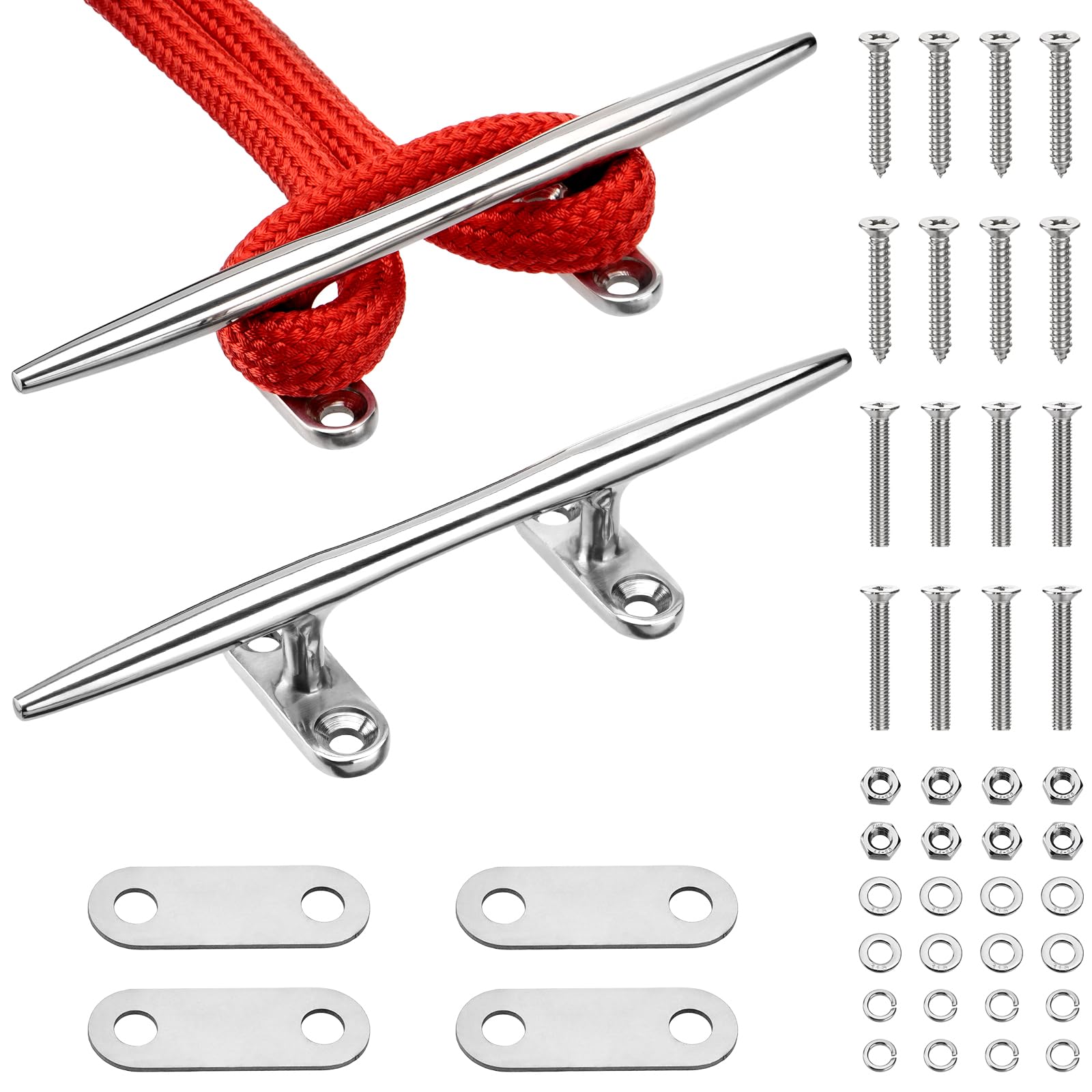 8"/10"/12" Boat Cleats, 316 Stainless Steel Open Base Marine Dock Rope Cleats with Backing Plates and Two Types Screws, Compatible with Kayak, Yacht, Pontoon, Nautical Decor