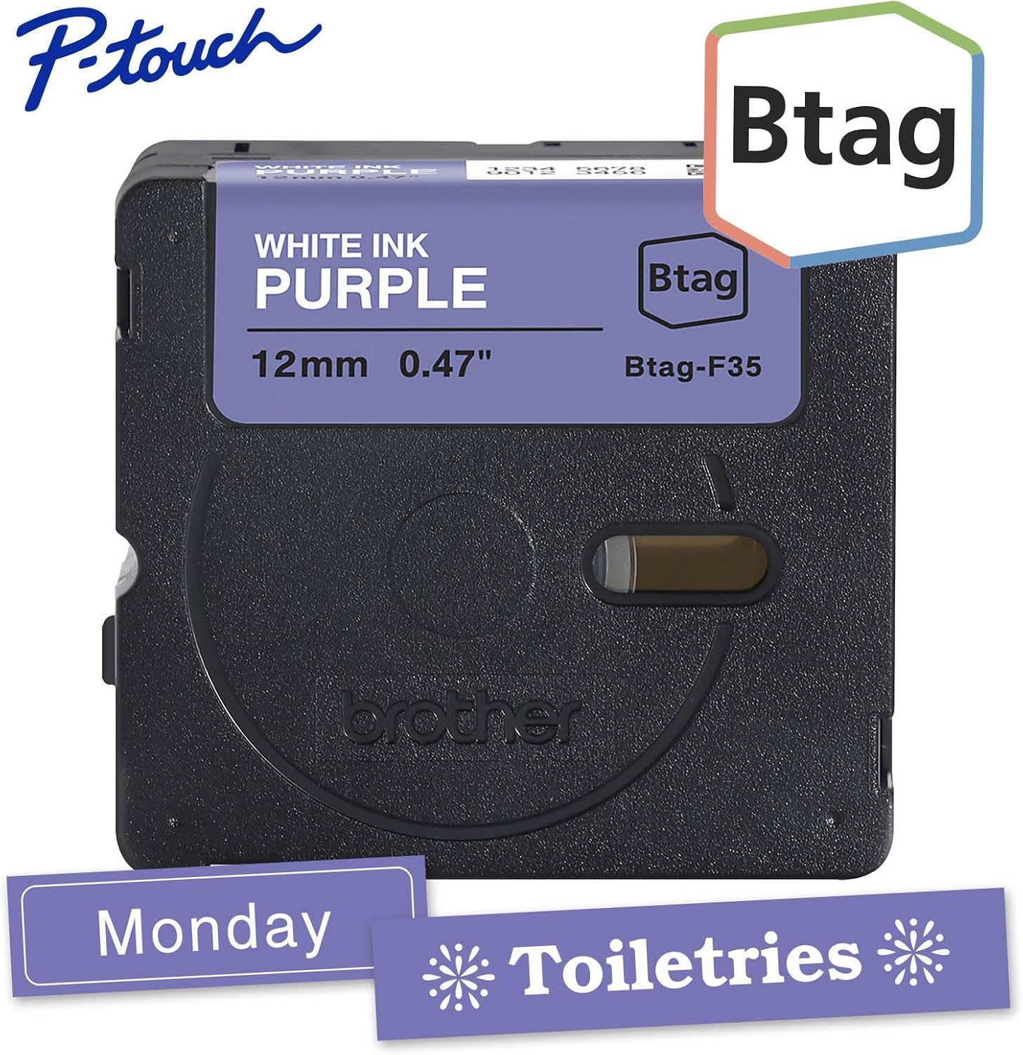 Brother Genuine P-Touch Btag BTAGF35 White on Purple Label Tape ~1/2in by 13.1ft (12mm x 4m). Use only with Btag PT-N10, PT-N20, PT-N25BT Label Makers