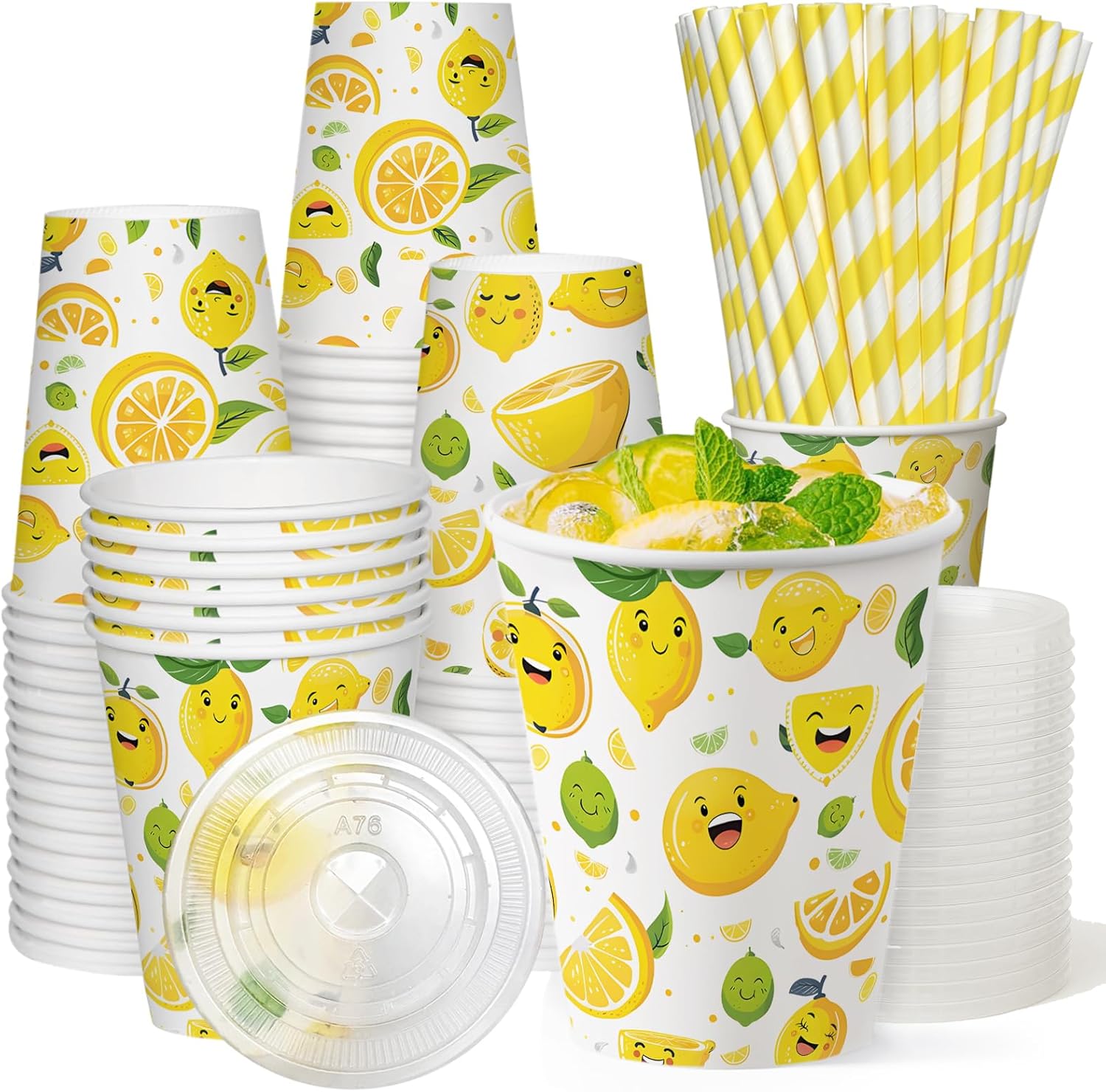 100 Sets 300 Pcs 9 Oz Lemonade Cups With Lids And Drinking Straw, Lemonade Stand Supplies, Lemon Patterned Summer Cold Drink Cup, Disposable Fruit Juice Coffee Paper Cup, Party And Outdoor Supplies