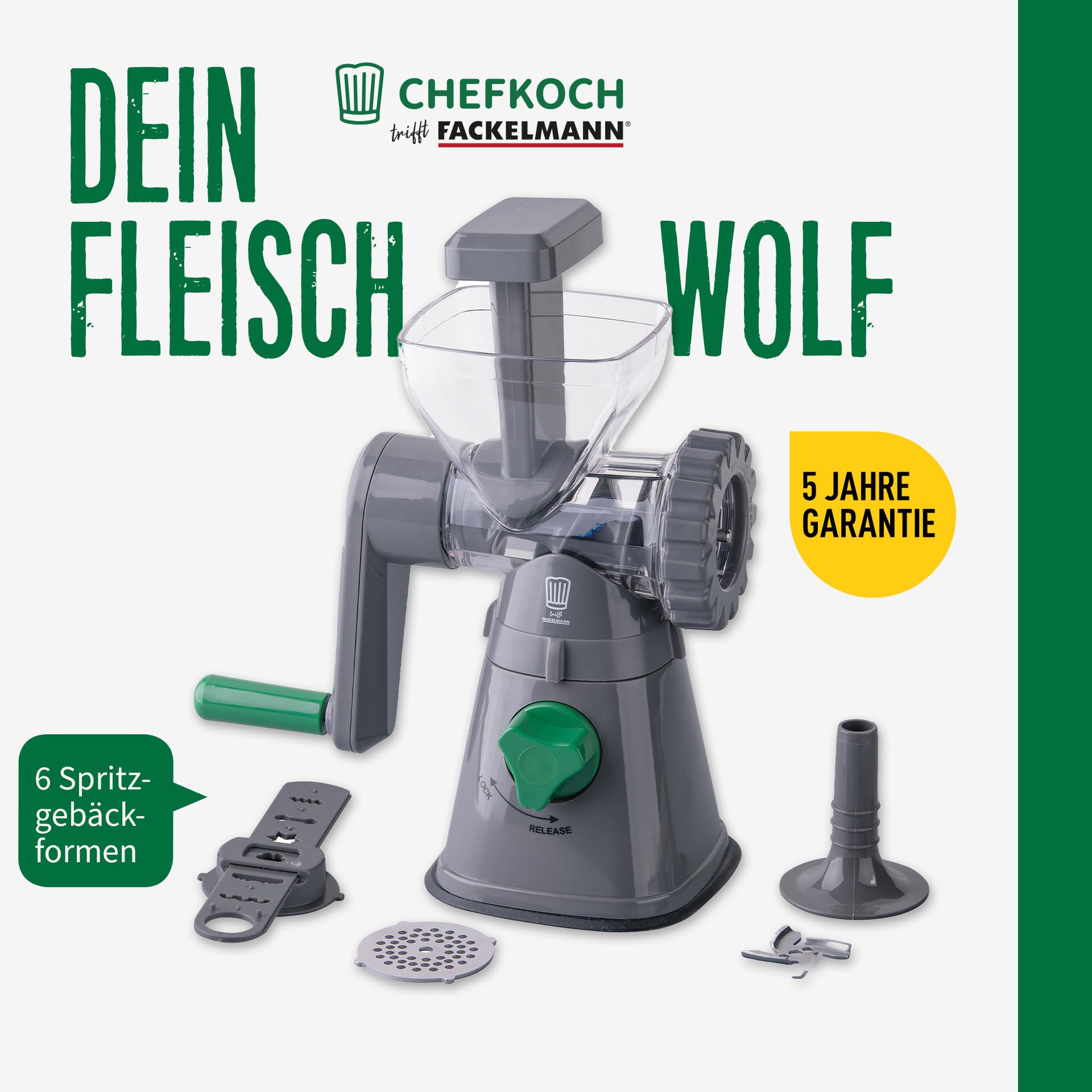 FACKELMANN Chefkoch Fleischwolf mit Gebäckvorsatz – Drehwolf für Fleisch oder als Gebäckpresse zum Backen – 2 Lochscheiben (feines & grobes Hack) & 6 Formen für Spritzgebäck