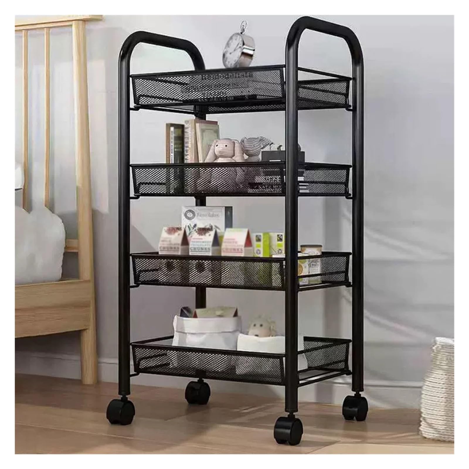 Chariot de rangement à 4 niveaux en maille noire avec poignée pour cuisine