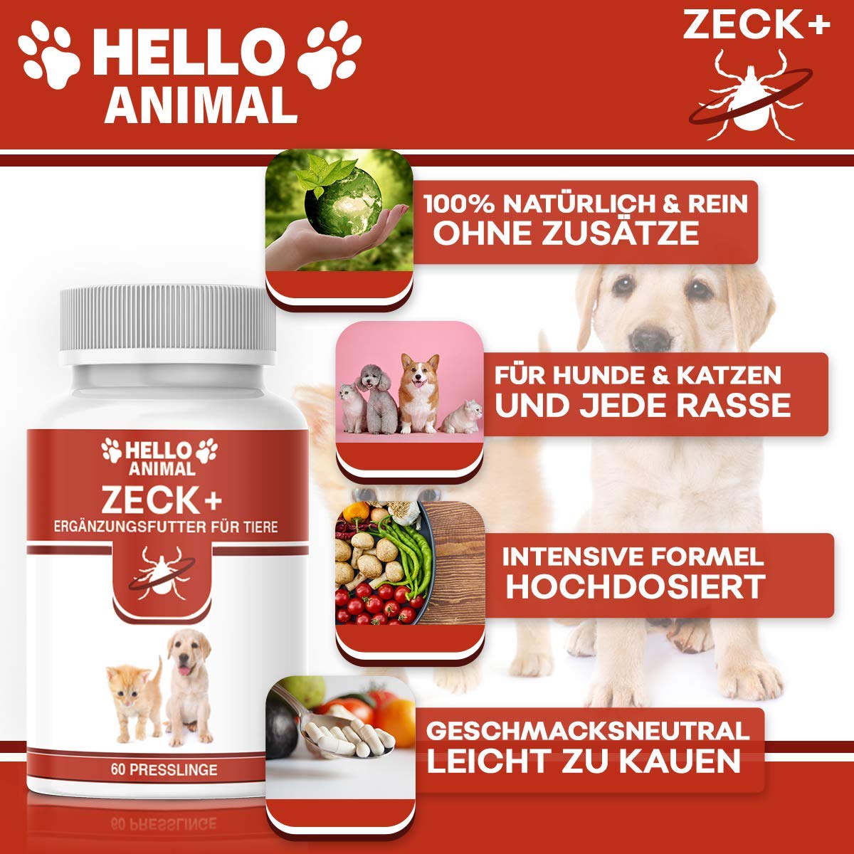 Hello Animal ZECK+ Comprimés anti-tiques pour chiens et chats - Formule naturelle - Sans additifs artificiels - 60 comprimés - Additif alimentaire pour animaux