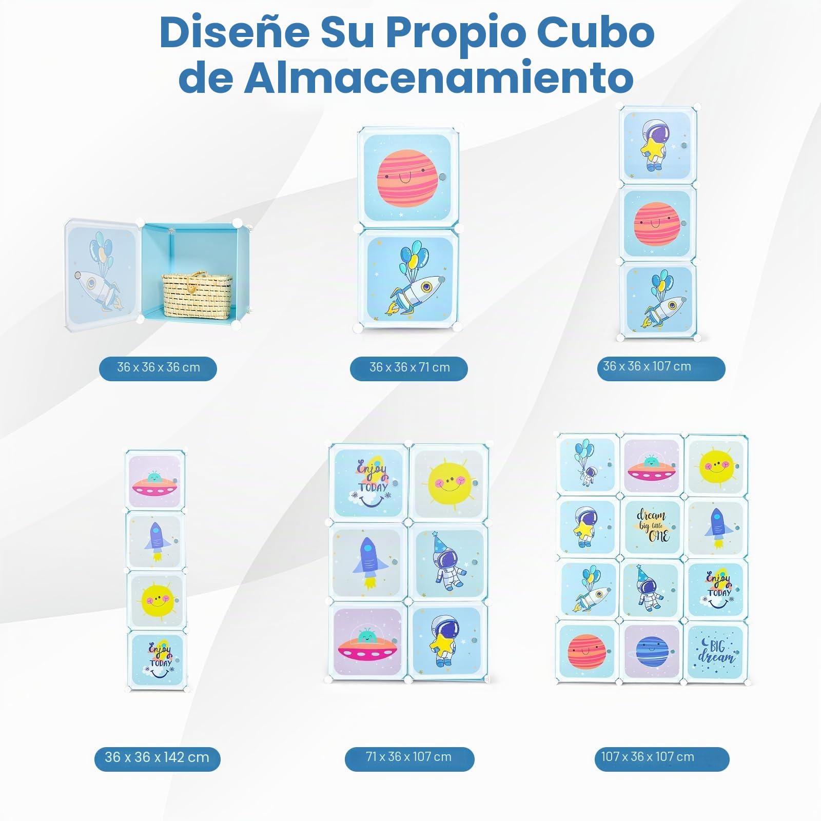 RELAX4LIFE Armadio Modulare a 8/12 Cubi per Bambini con 2 Barre Appendiabiti, 8/12 Ante, Mobile Salvaspazio per Cameretta e Asilo Nido, Portata di Ogni Cubo 10 KG (Azul,Universo-12 Cubos)