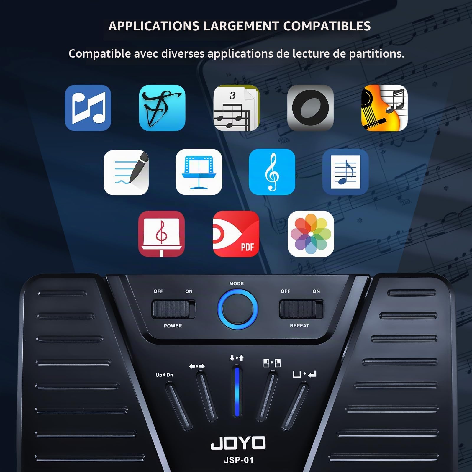 JOYO Pédale Tourne-Page Bluetooth Rechargeable, Jusqu’à 60 h d’Autonomie, 5 Modes, Commande Silencieuse, Compatible avec iPad, Tablettes, Smartphones et Ordinateurs Portables (SP-01)