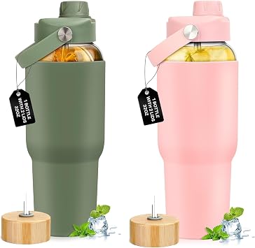 PROBTTL 2Pack Glass Water Bottles 32 oz, Each Tumbler with 2 Straws, Silicone Sleeve, 2 Lids - Handle Spout & Bamboo Straw Lid