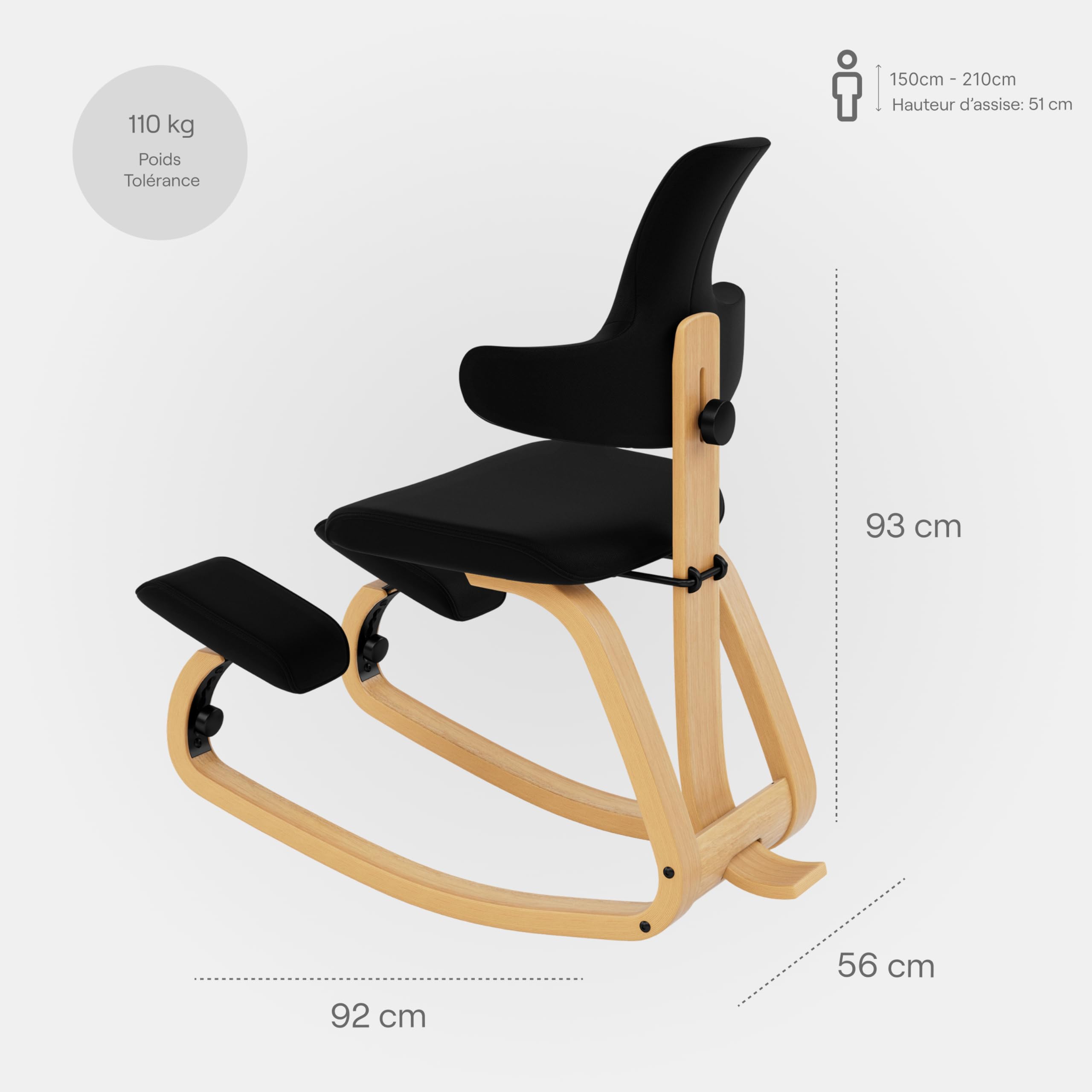 Varier Thatsit Fauteuil genoux ergonomique réglable en hauteur avec dossier et cadre en bois de hêtre pour une assise active Marron/noir