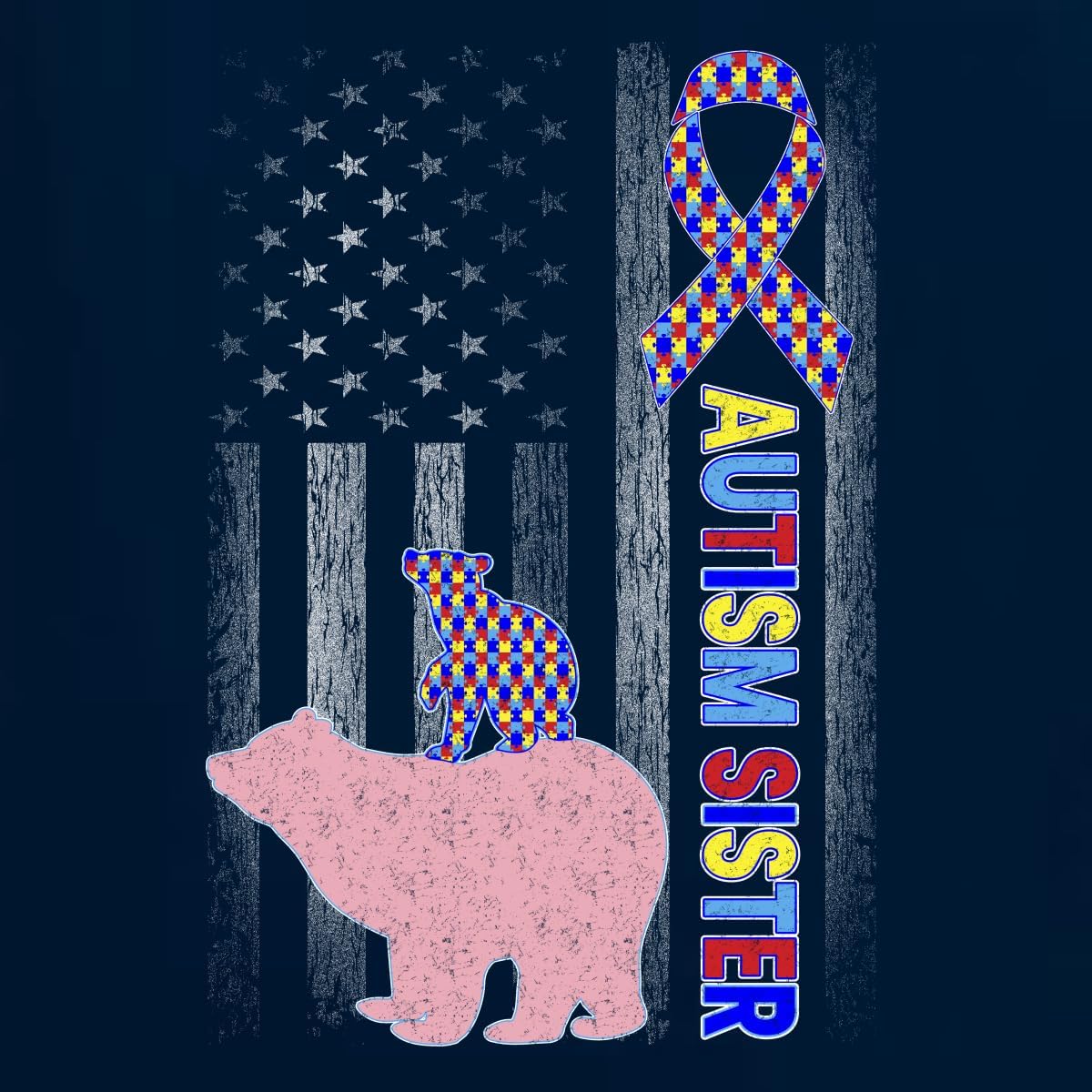 Autism Awareness Month Bear Family | Vintage American Flag | Autism Puzzle Ribbon Mens Long Sleeve Shirt