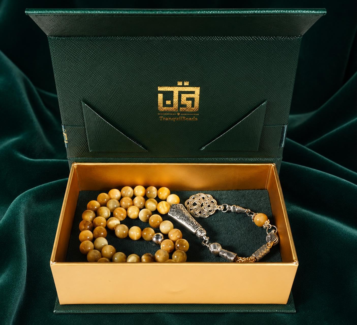Tasbih złoty łańcuszek modlitewny z 45 perełkami Misbaha ze srebrnym frędzlem i pudełkiem na prezent, tygrysie oko, koraliki modlitewne dla mężczyzn, ojca, męża, Ramadan Eid prezent urodzinowy