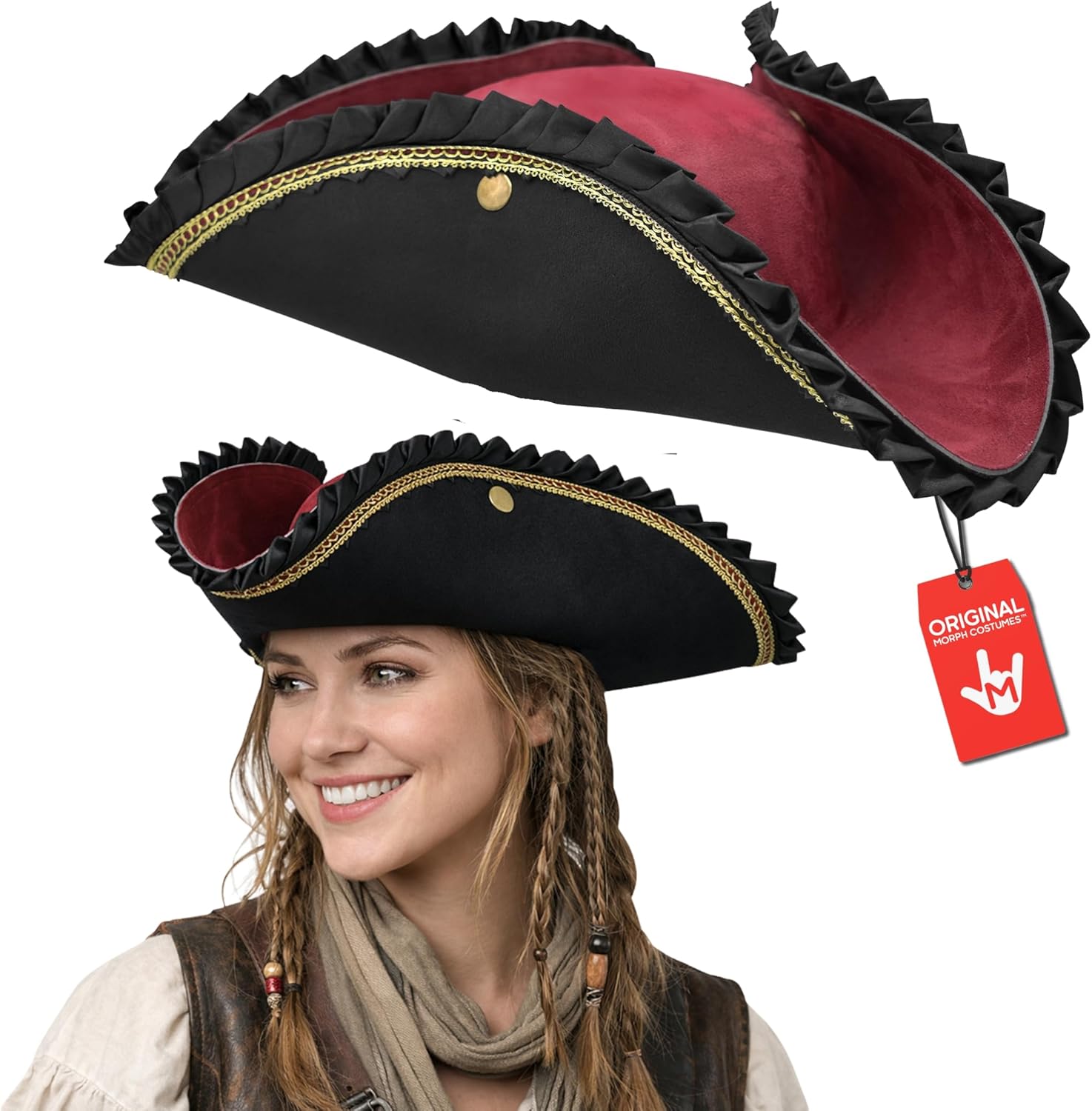 Nicky Bigs Novelties Morph Black Pirate Hat For Women, Tricorn Hat For Adults, Captain Hats, Buccaneer Cap