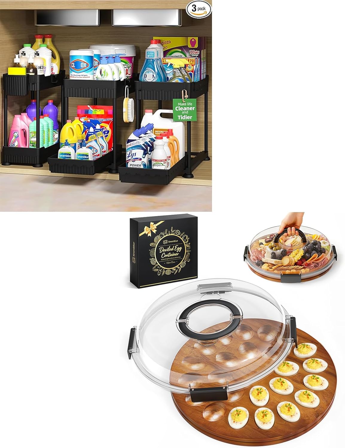 Easter Acacia Wood Deviled Egg Containers with Lid, Height Adjustable 2 Packs Under Sink Organizer